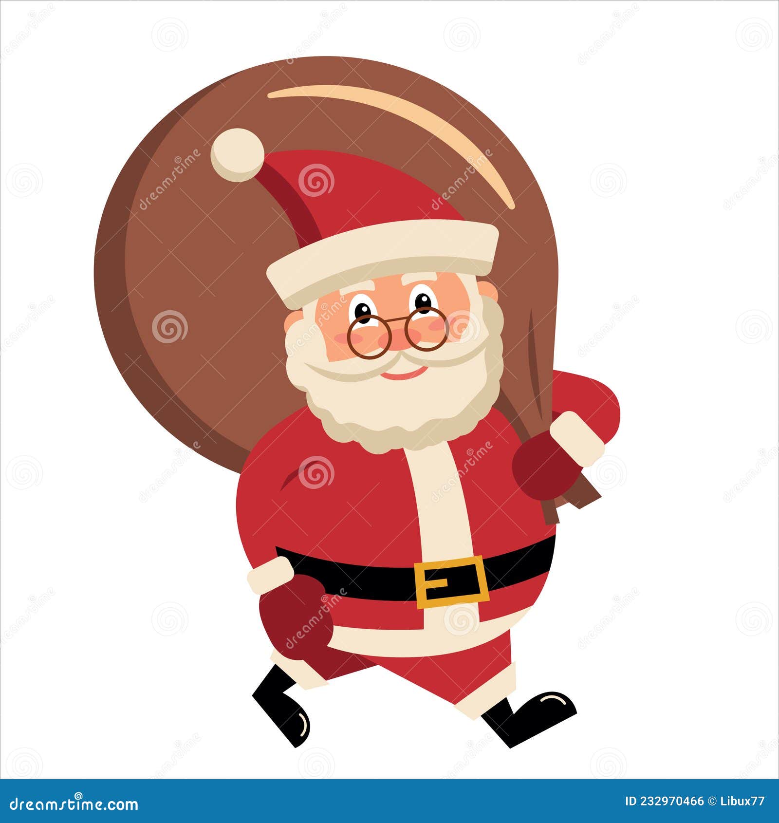 santa claus with sack of toys is coming walking  on white  illlustration