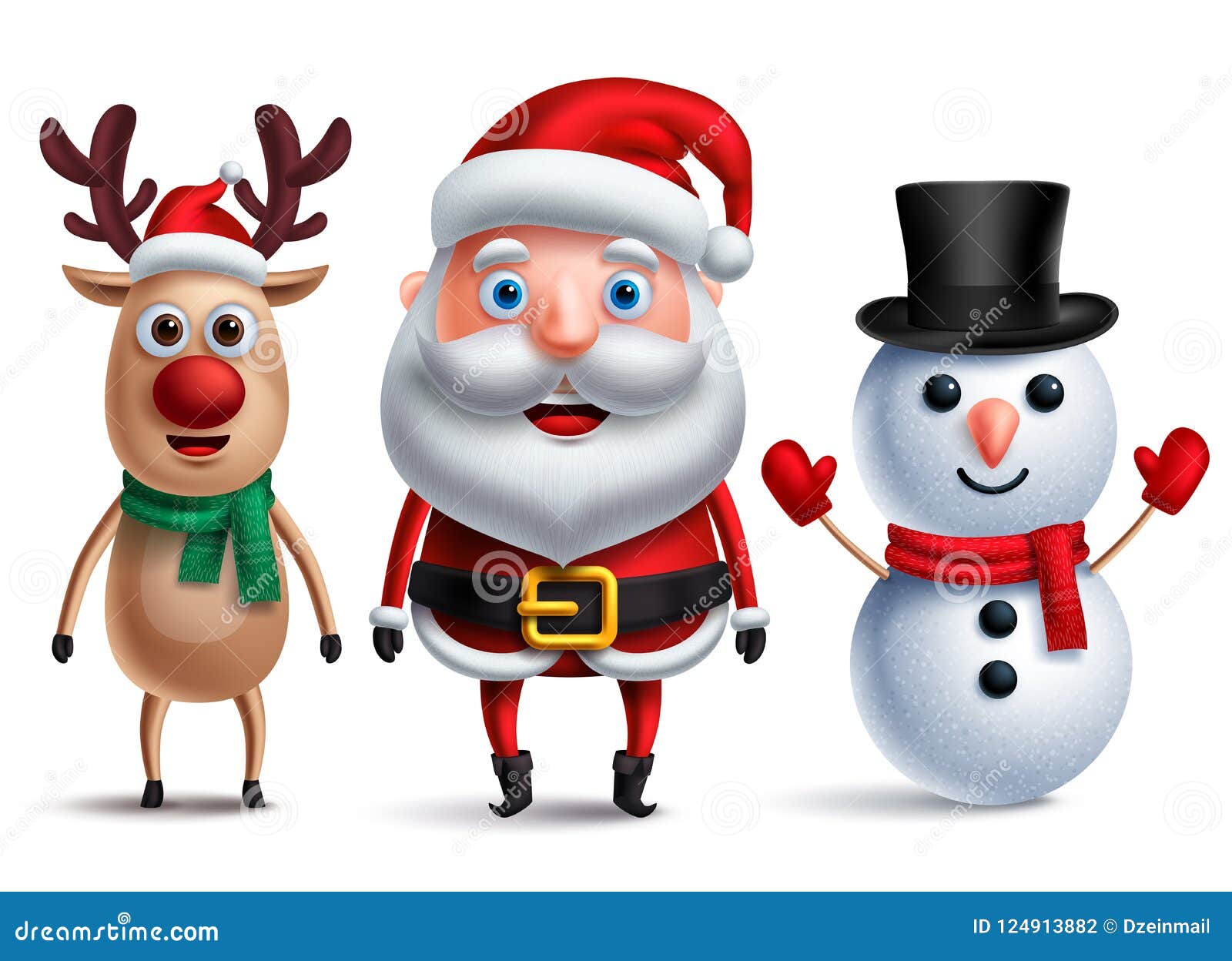 santa claus  character with snowman and rudolph the reindeer