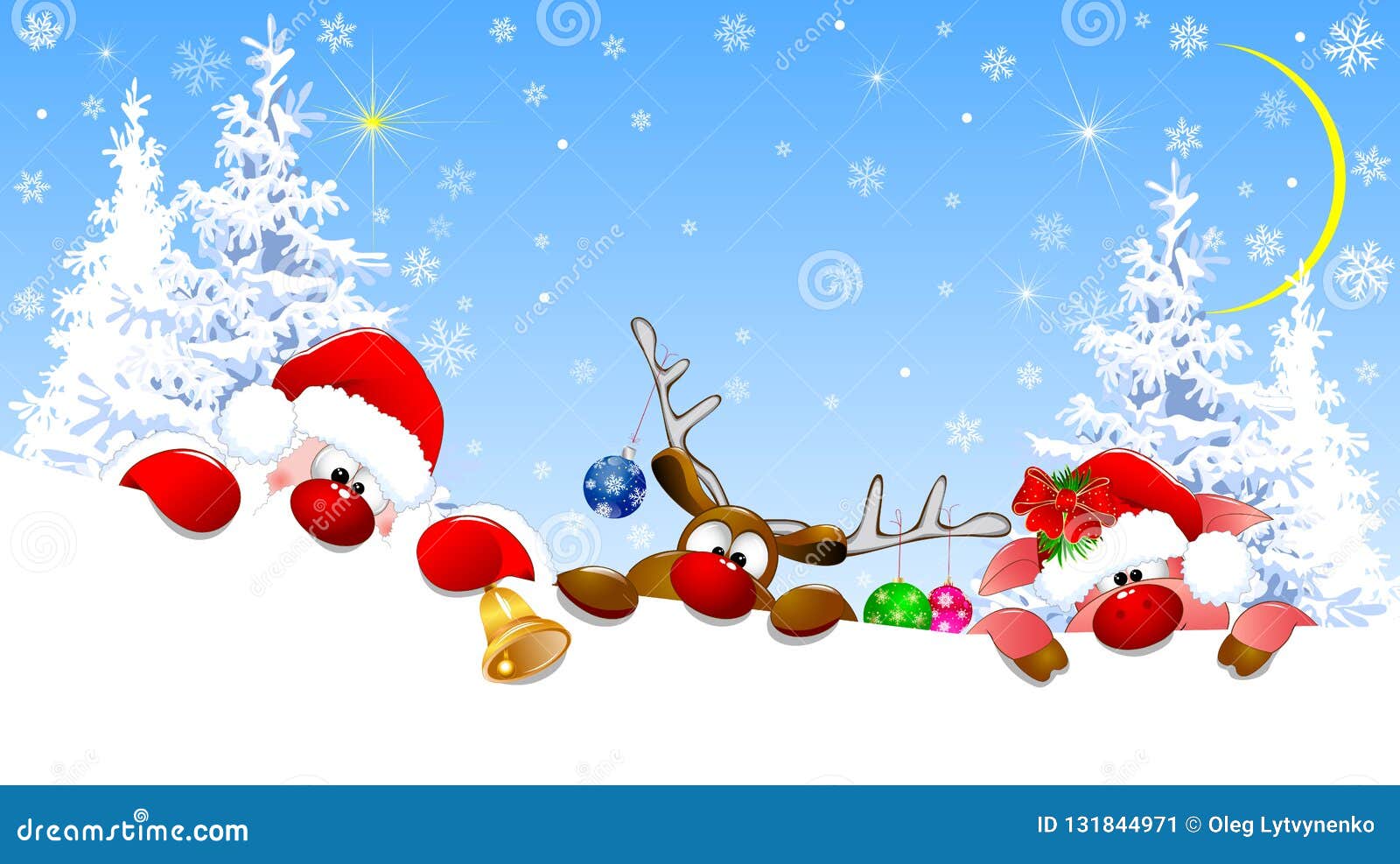 Santa, Deer And Piglet On Christmas Night Stock Vector - Illustration of piggy, card: 131844971
