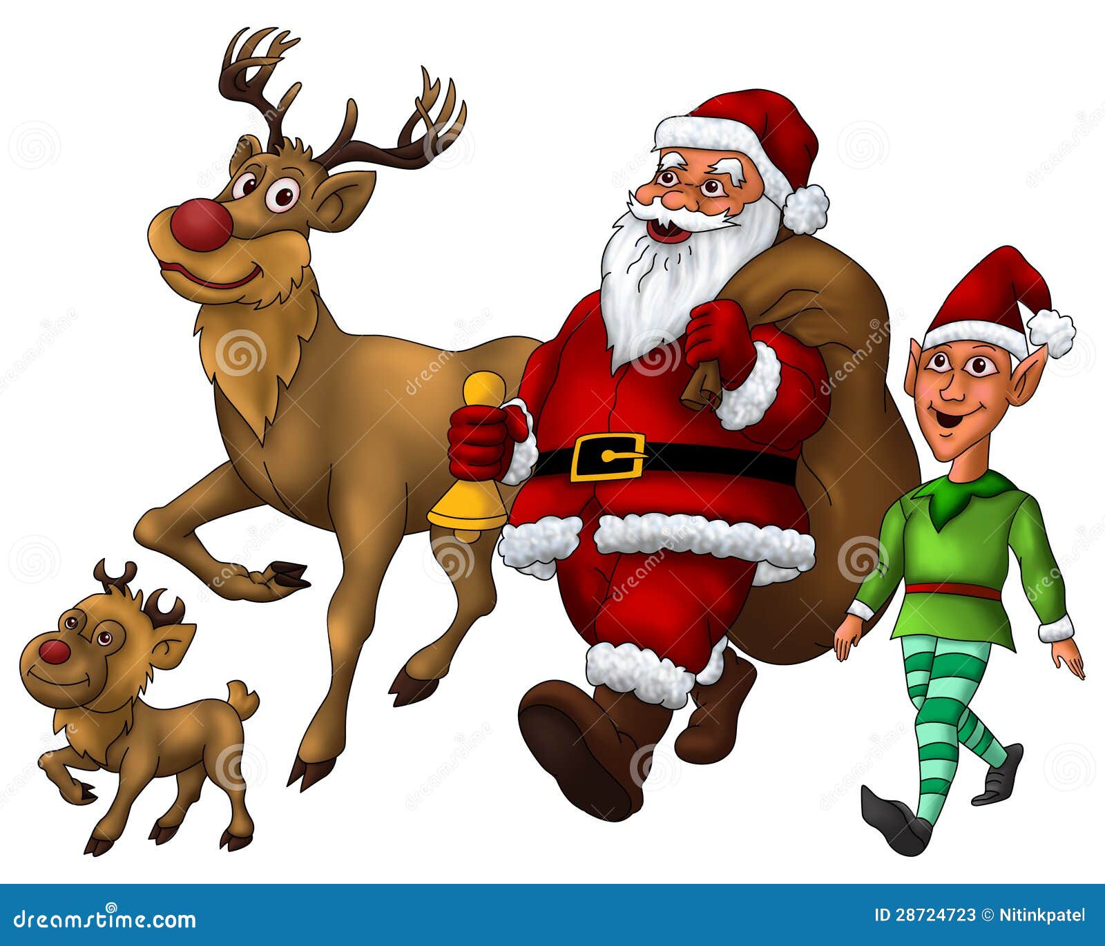 Santa Claus distributing ts with Elf and his Rudolph on Christmas Day