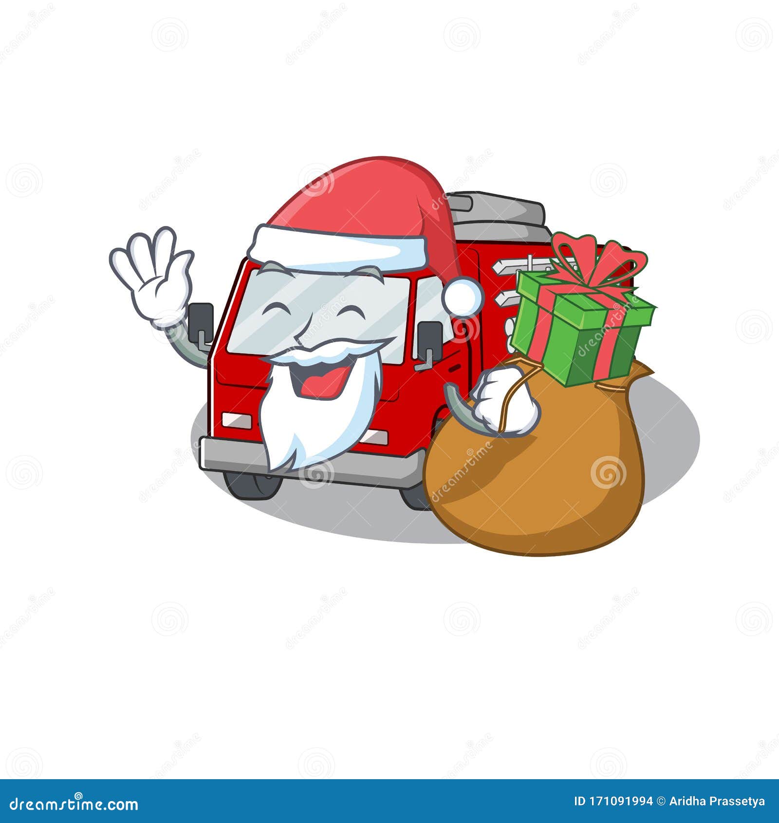 Santa Fire Truck Cartoon Character Design Having Box Of