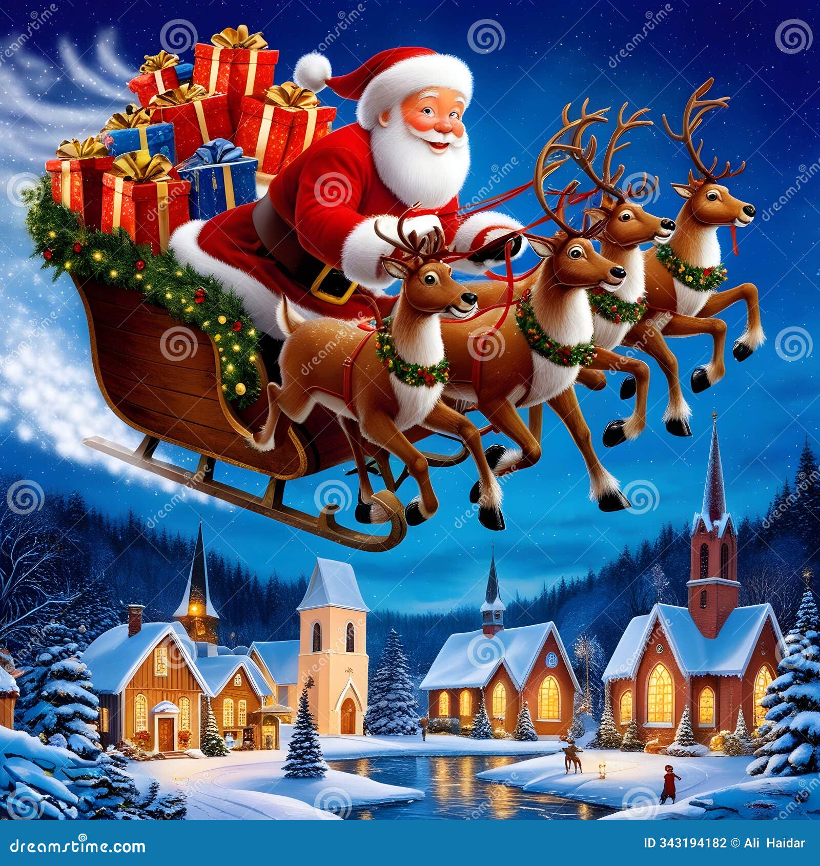 santa flies through the starry sky in a sleigh pulled by reindee