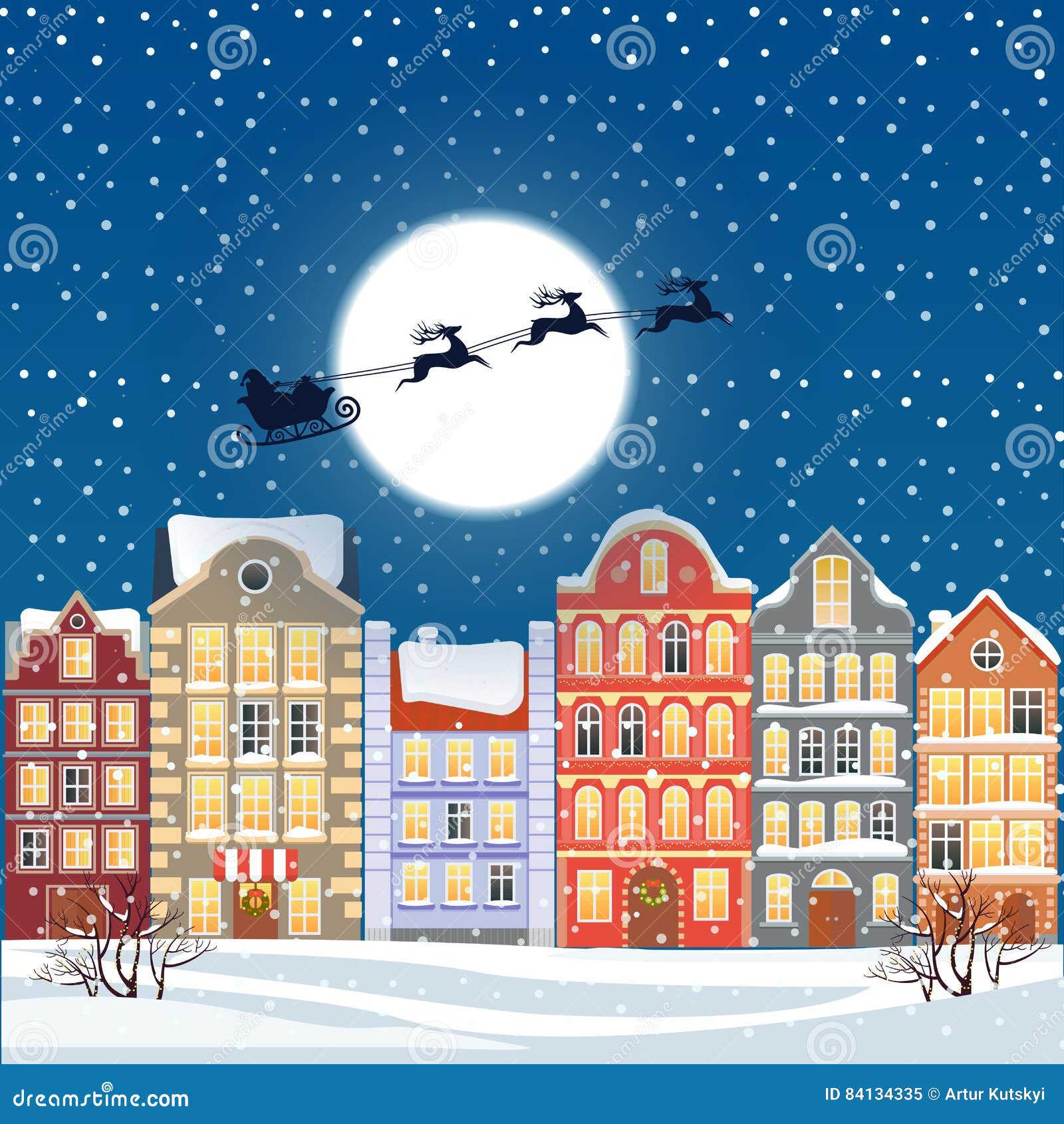 santa flying through the night sky under the christmas old town . cartoon buildings background. city street