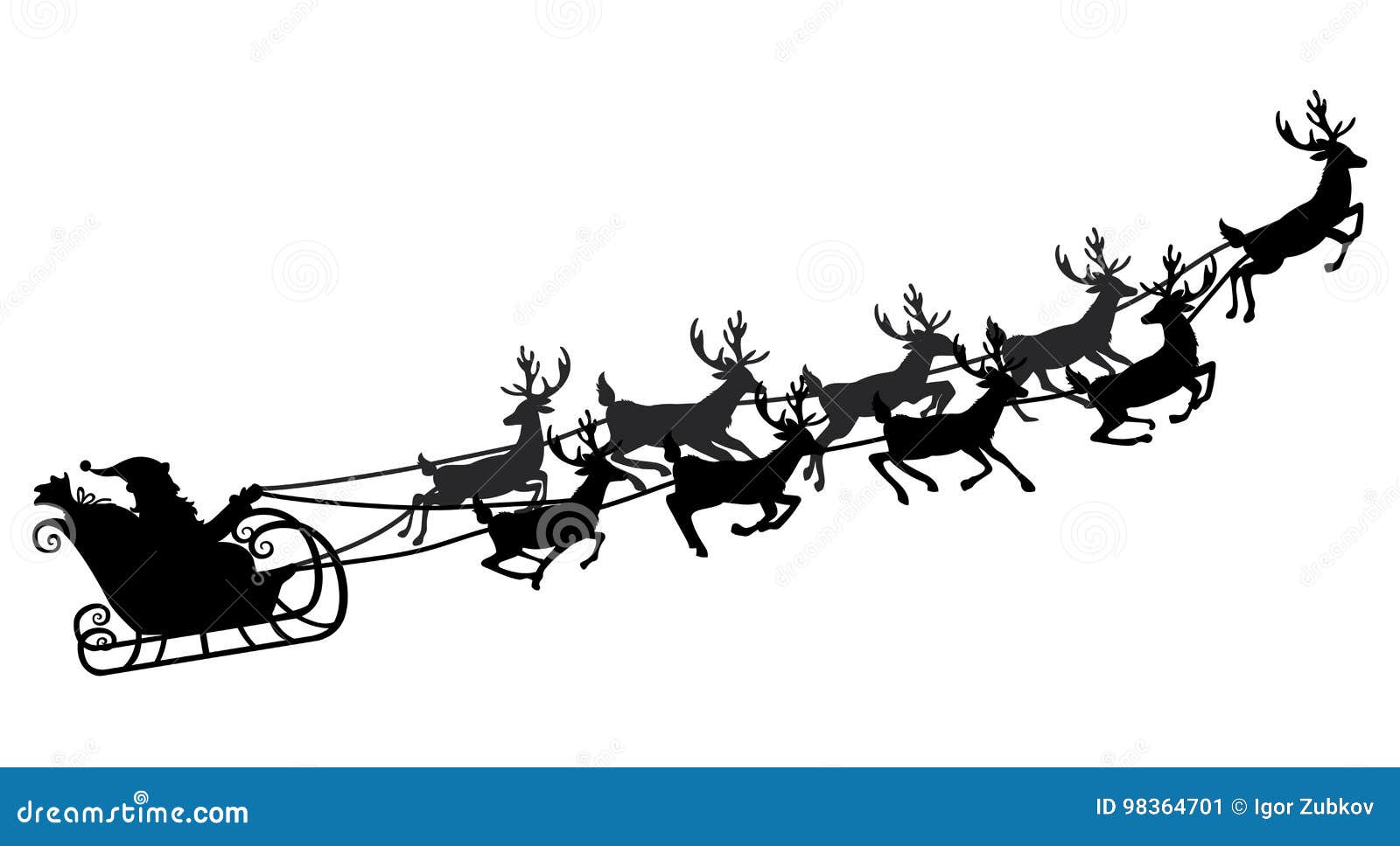 santa flying in a sleigh with reindeer.  .  object. black silhouette. christmas.