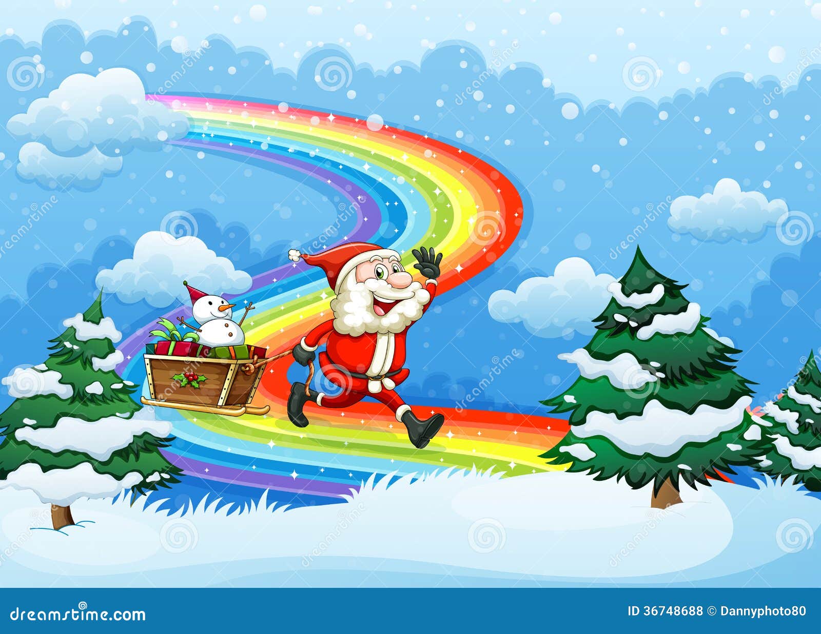 Santa and His Sleigh Walking at the Rainbow Stock Illustration