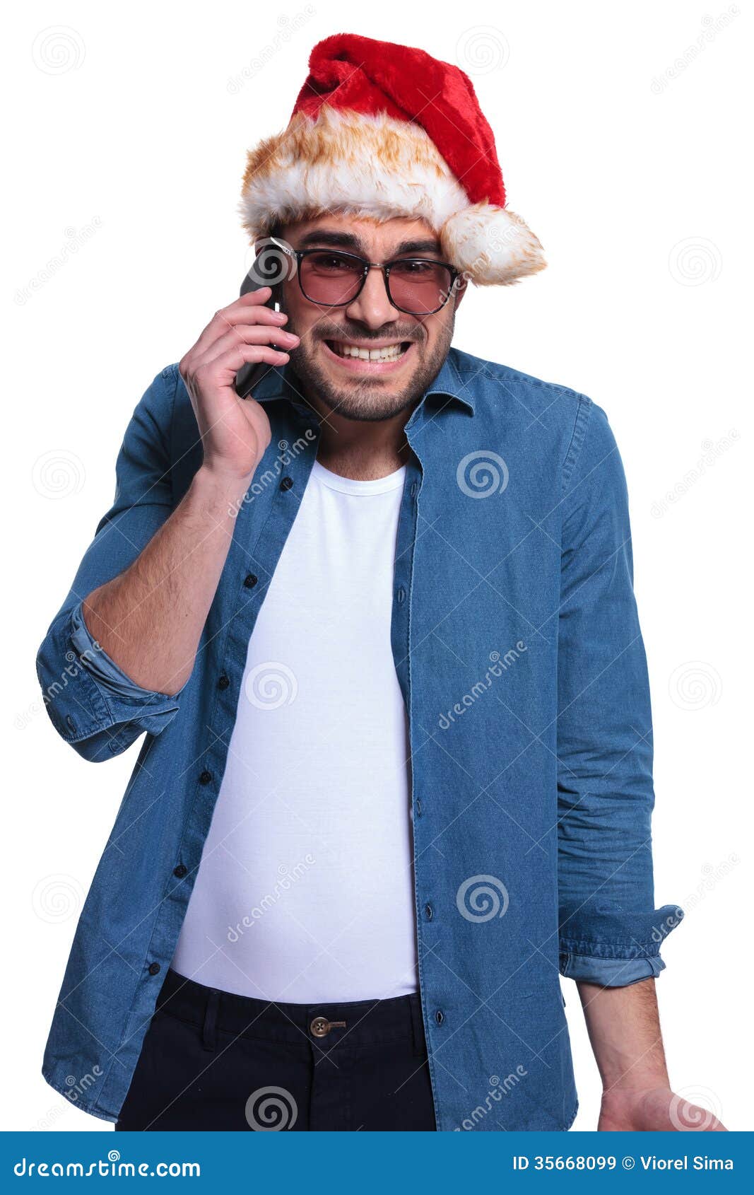Santa Man is Receiving Bad News on His Phone Stock Image - Image of ...