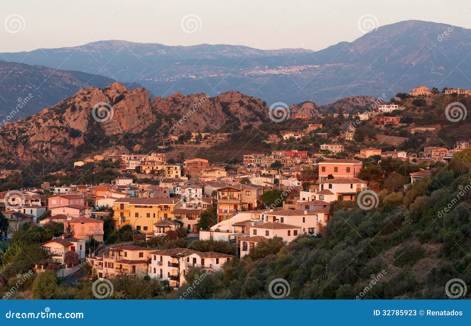 santa maria navarrese village in sardinia in warm sunrise light, italy, typical sardinian seascape,sardinian village, sunrise