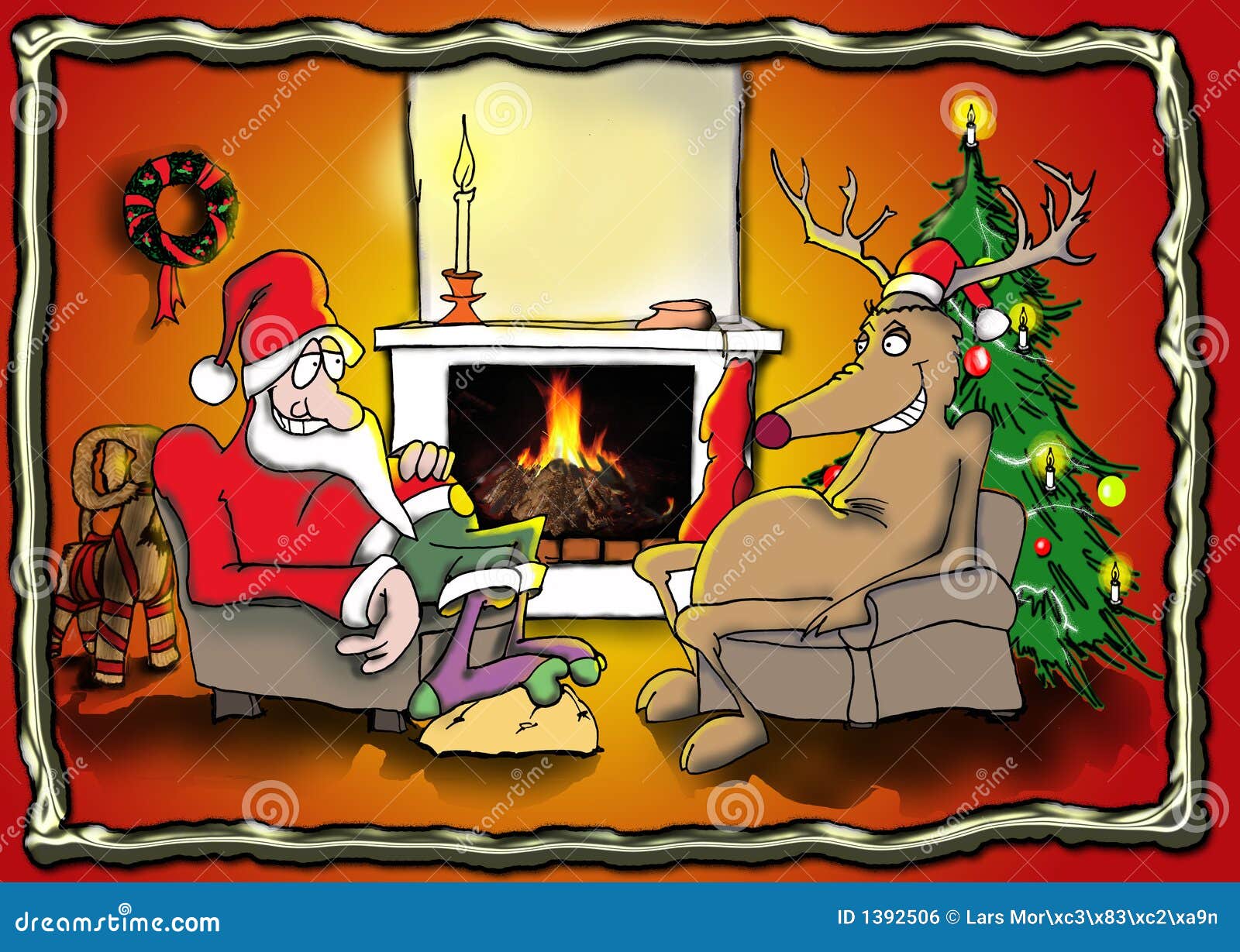 santa and reindeer by the fire