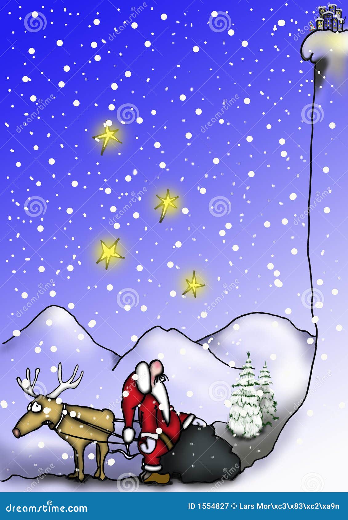 santa and reindeer by the mountain