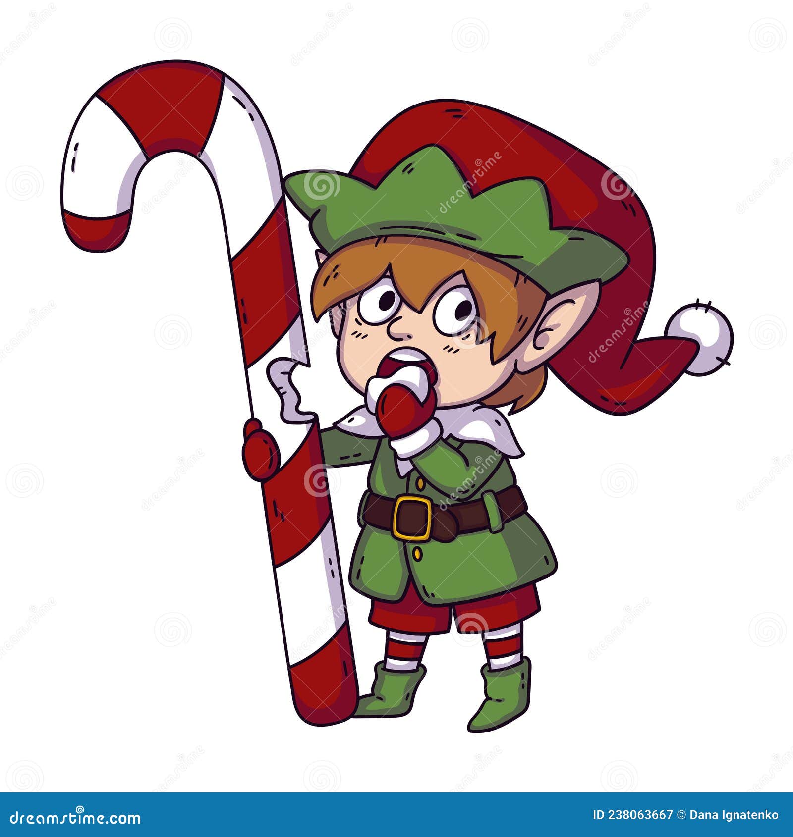 Santaâ€™s Little Helper Elf Eats Christmas Candy. Vector Cartoon ...