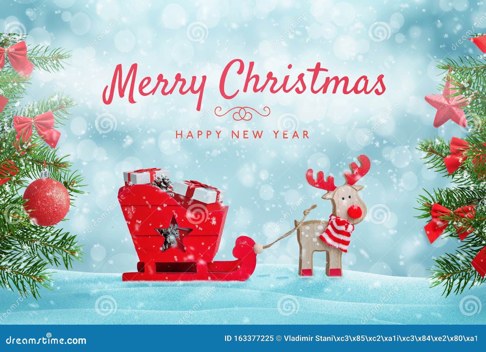 santa`s reindeer sleigh full of gifts in snow. merry christmas greeting card with cute toys composition