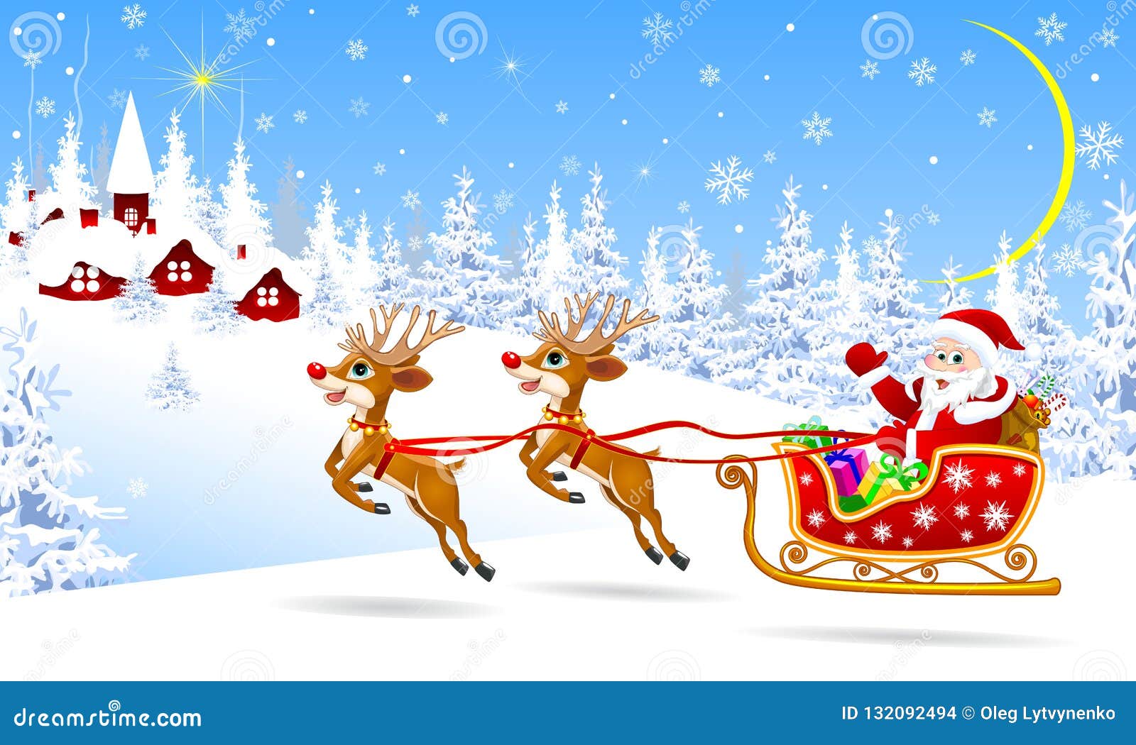 Santa On A Sleigh With Deers Welcomes Stock Vector - Illustration of ...