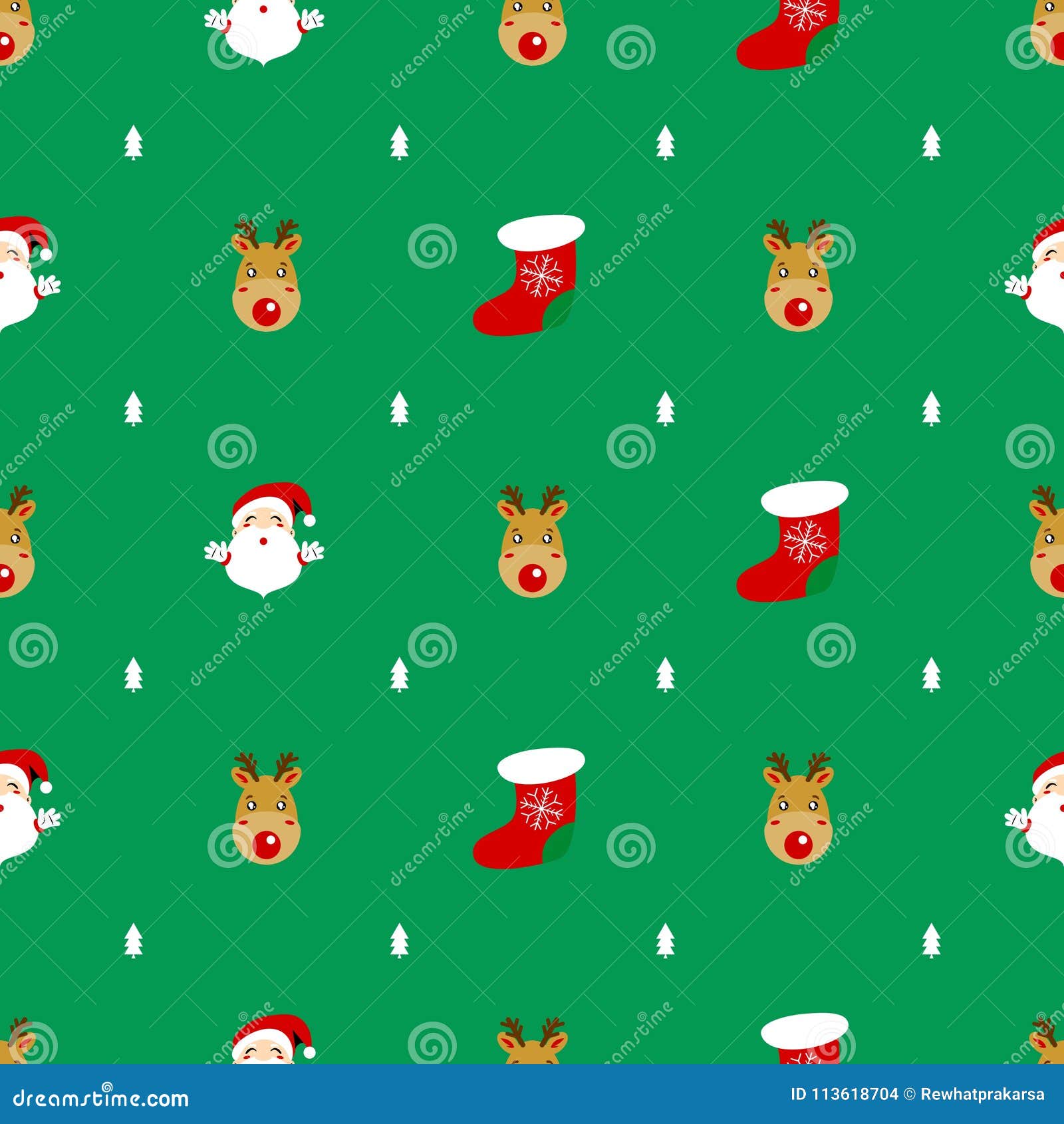 of santaclaus rudolph reindeer socks with red and white christmass tree pattern on green background