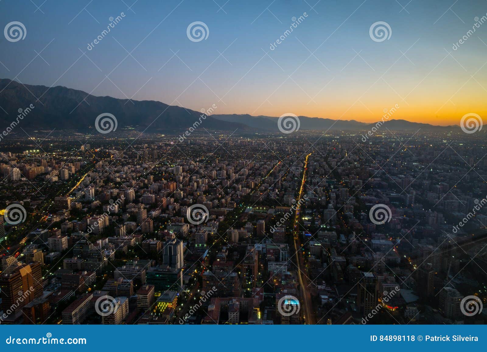 santiago aerial view from the costanera center at sunset, santiago chile