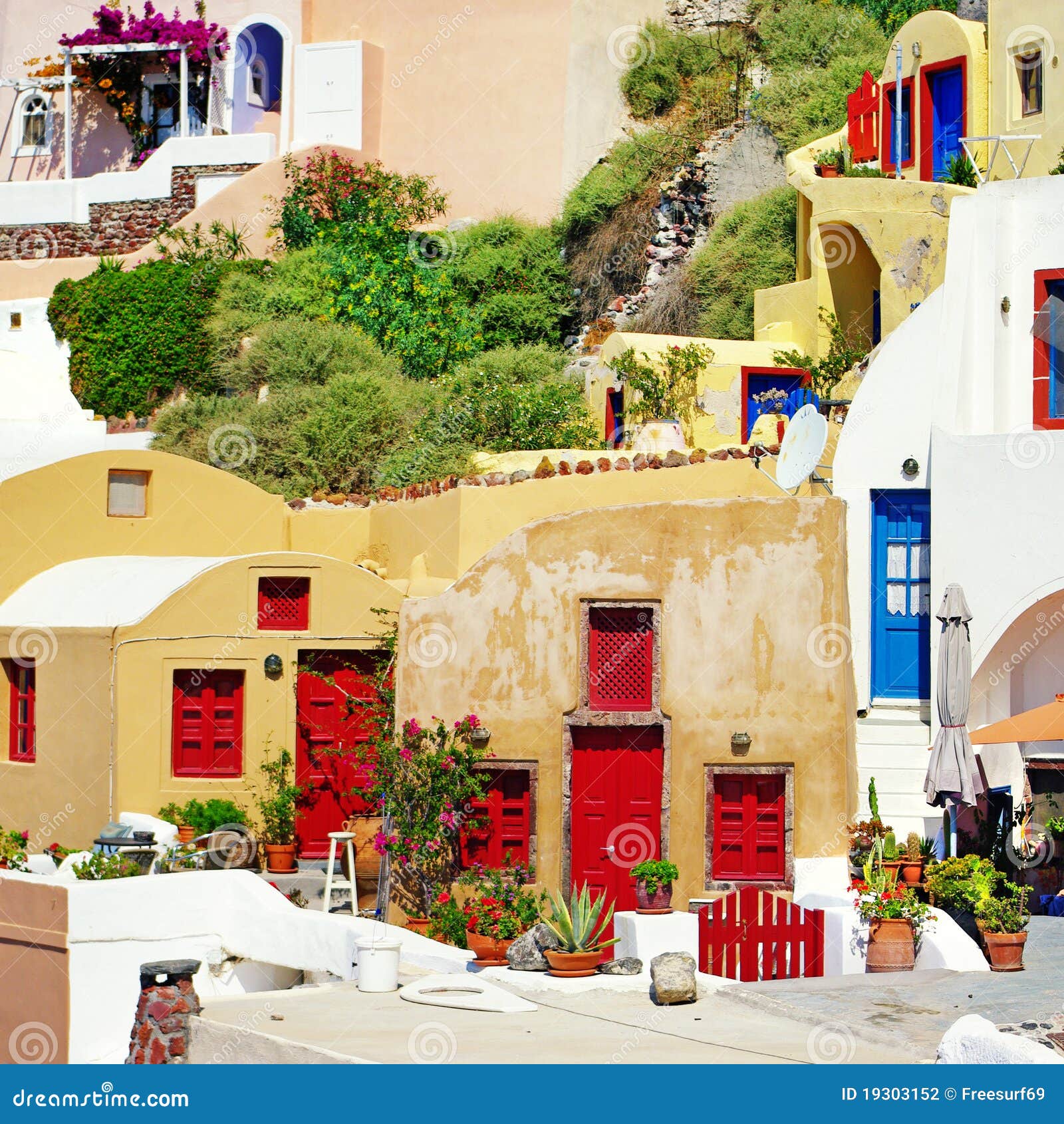 Santorini - traditionele architectuur. Kleuren van de reeks van Griekenland - architectuur Santorini