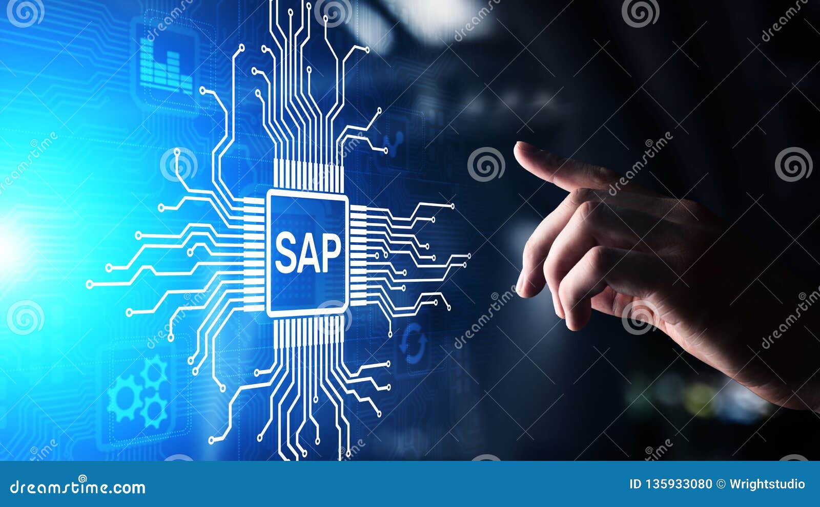 sap - business process automation software. erp enterprise resources planning system concept on virtual screen.