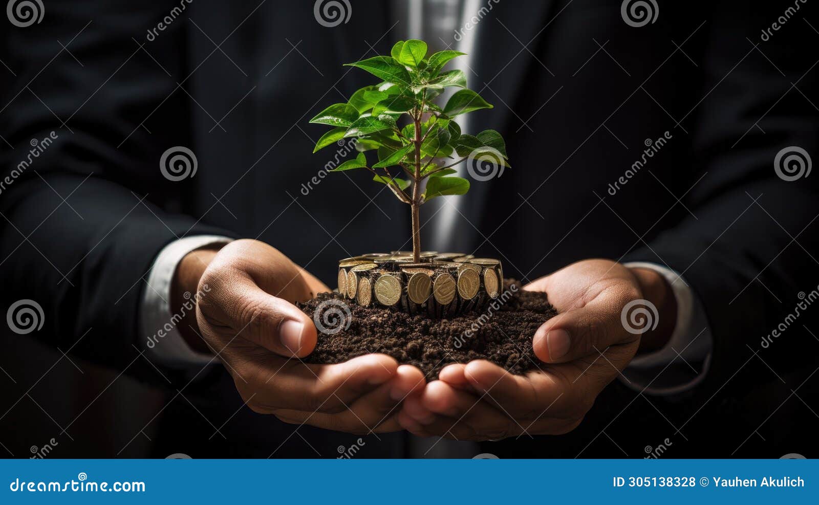 sapling thrives on a hand grasping silver coins. capturing green business  for finance and investment. ic