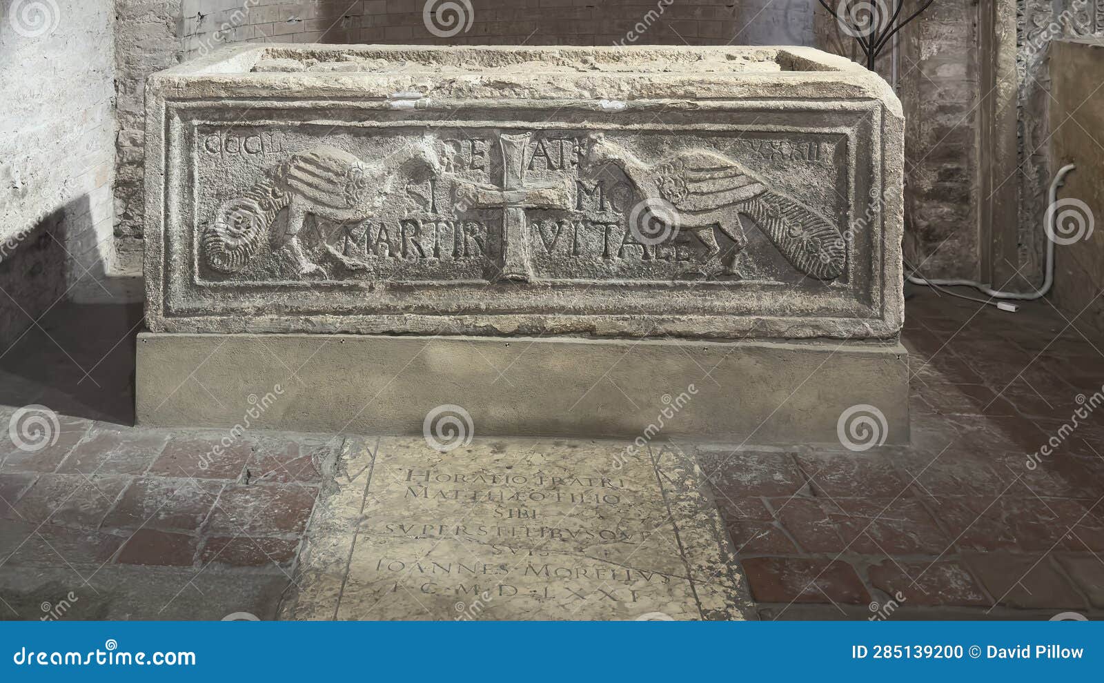 the sarcophagus of saint vitale in the church of the saints vitale and agricola in bologna, italy.