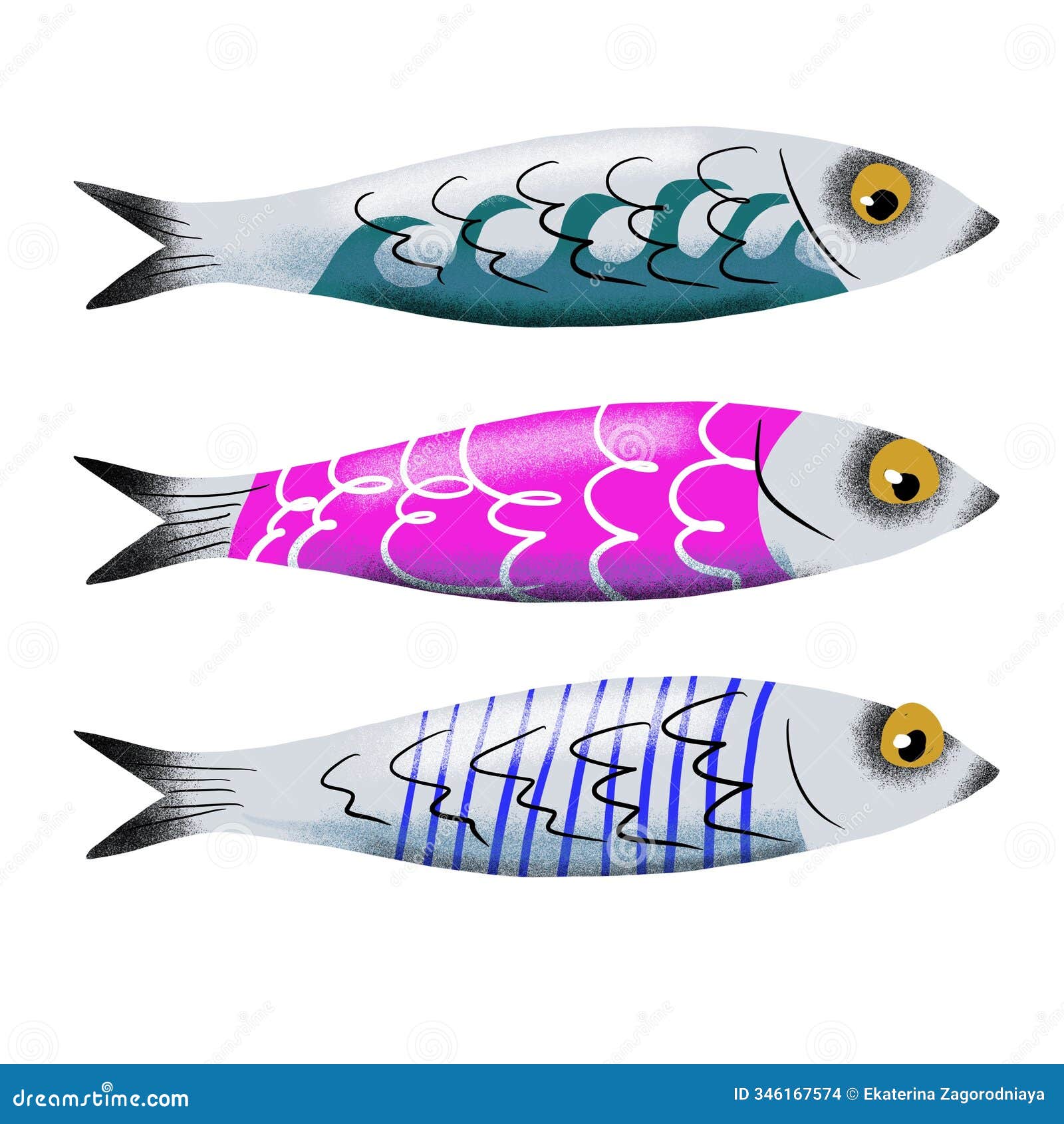 illustration-three-sardines-pink-striped-and-with-a-wave-pattern