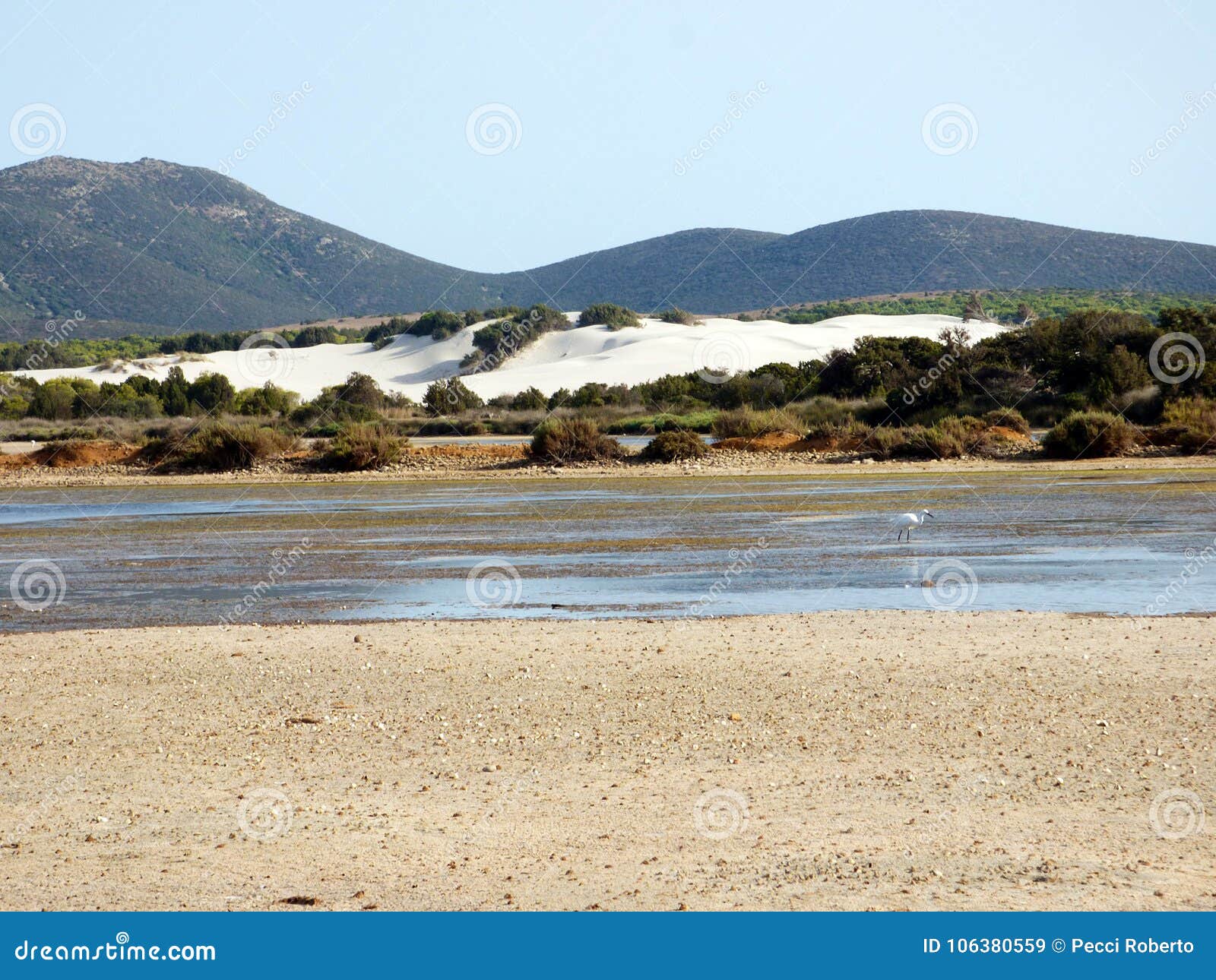 italy, sardinia, carbonia iglesias, porto pino, the pond behind the white sand dunes