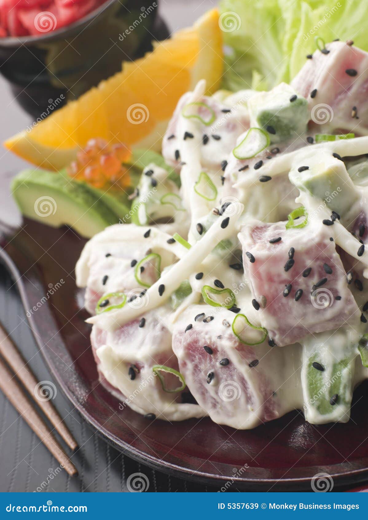 Sashimi Tuna and Wasabi Salad with Avocado and Red Stock Image Image