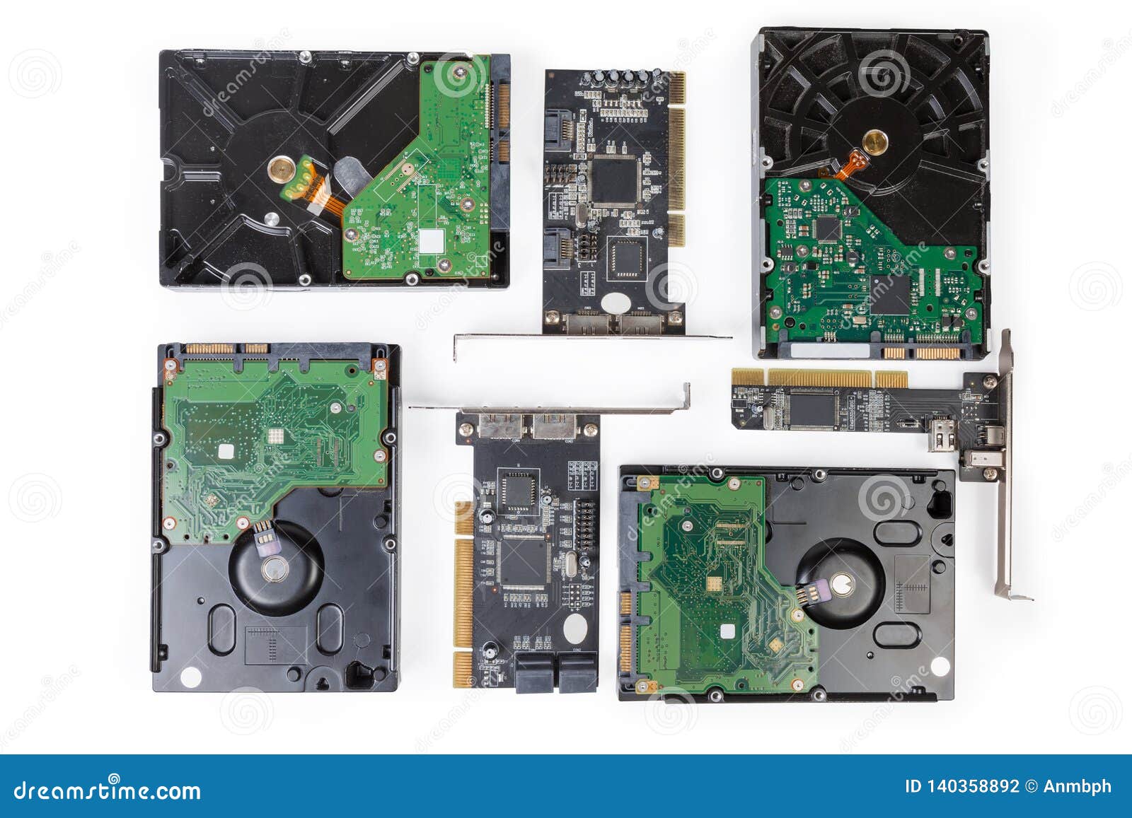 SATA Hard Disk Drives and Disk Controllers on White Background Stock