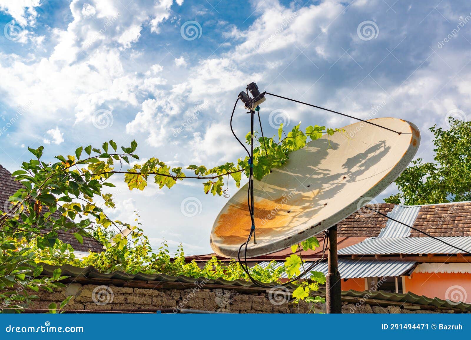 Satellite Dish in a Mountain Village. TV Antenna Stock Image Image of