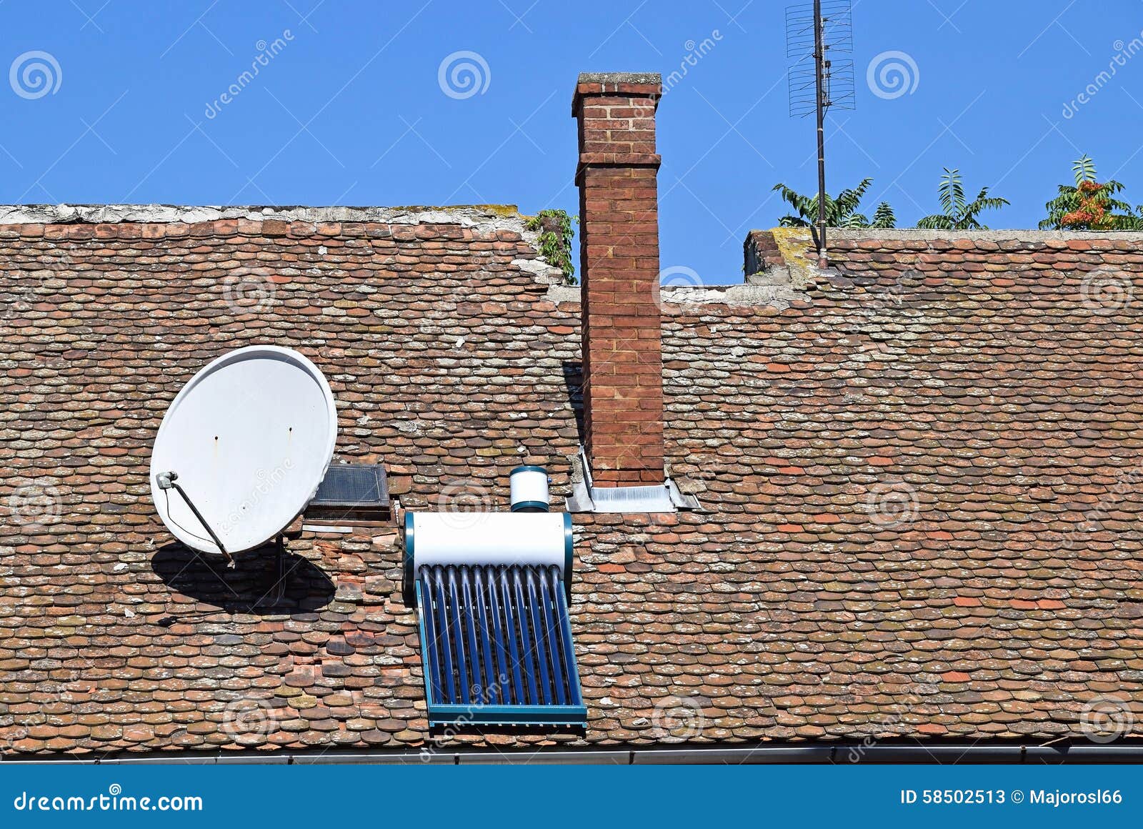 Satellite Dish and Solar Heater on the Roof Stock Image Image of