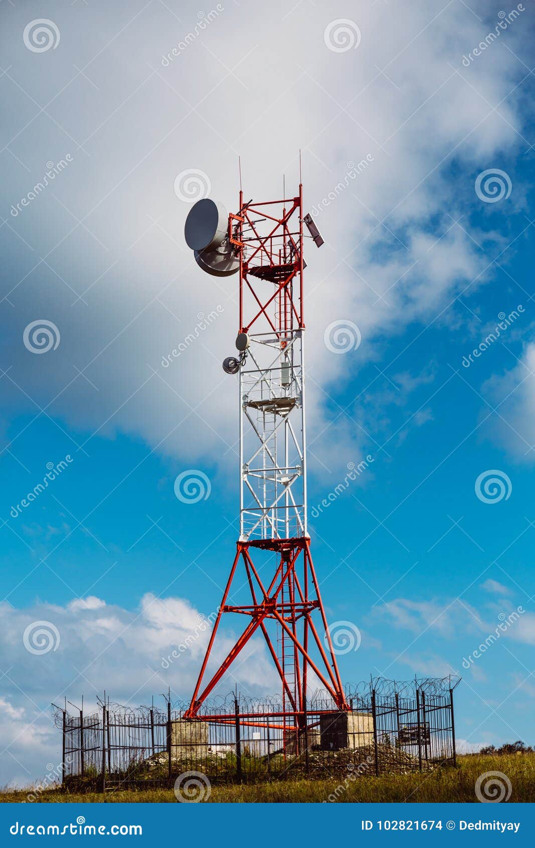 Satellite Dish Network Antenna Tower At Sky Background