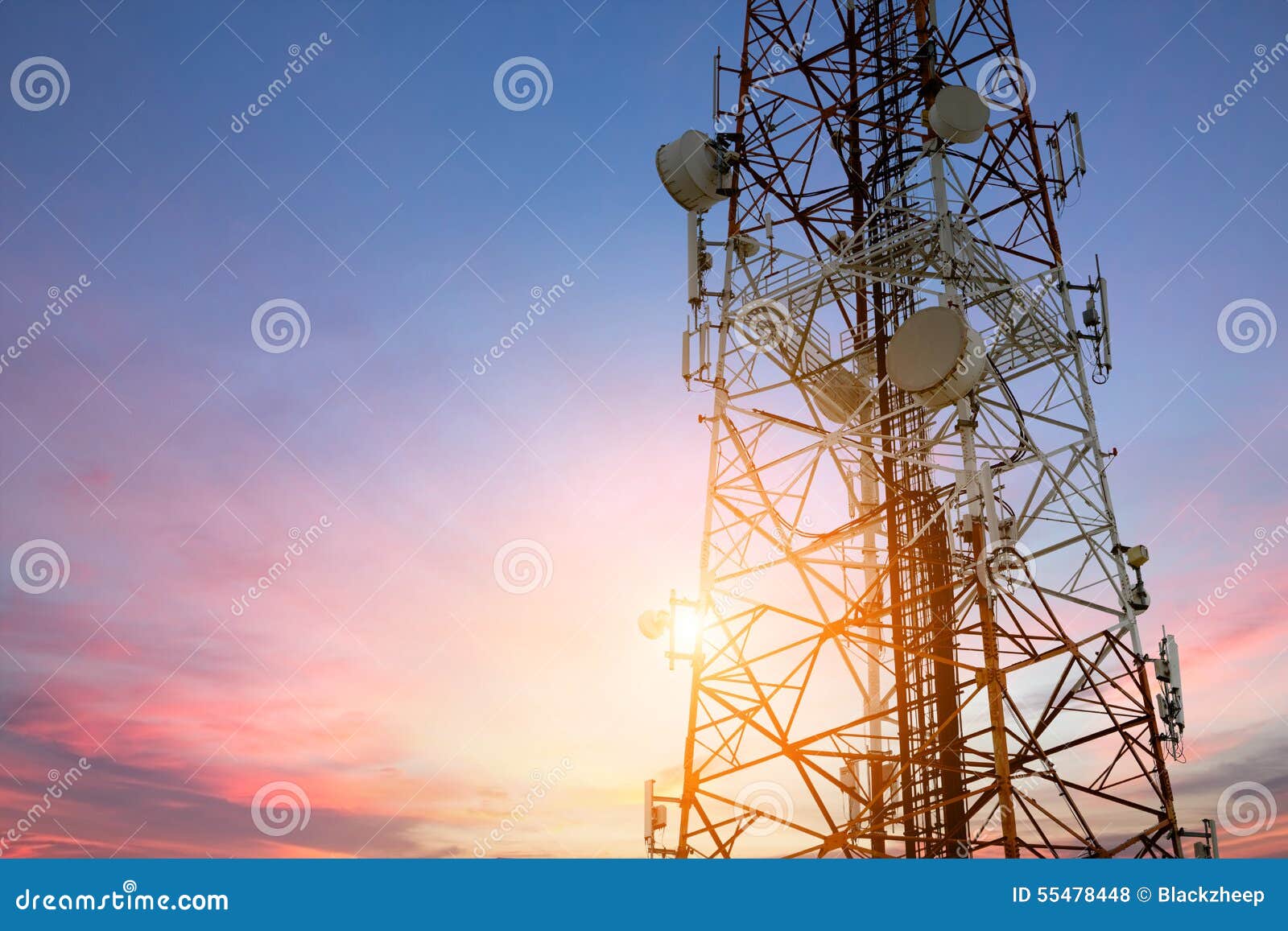 Satellite Dish at Sunset Communication Technolog Stock Photo