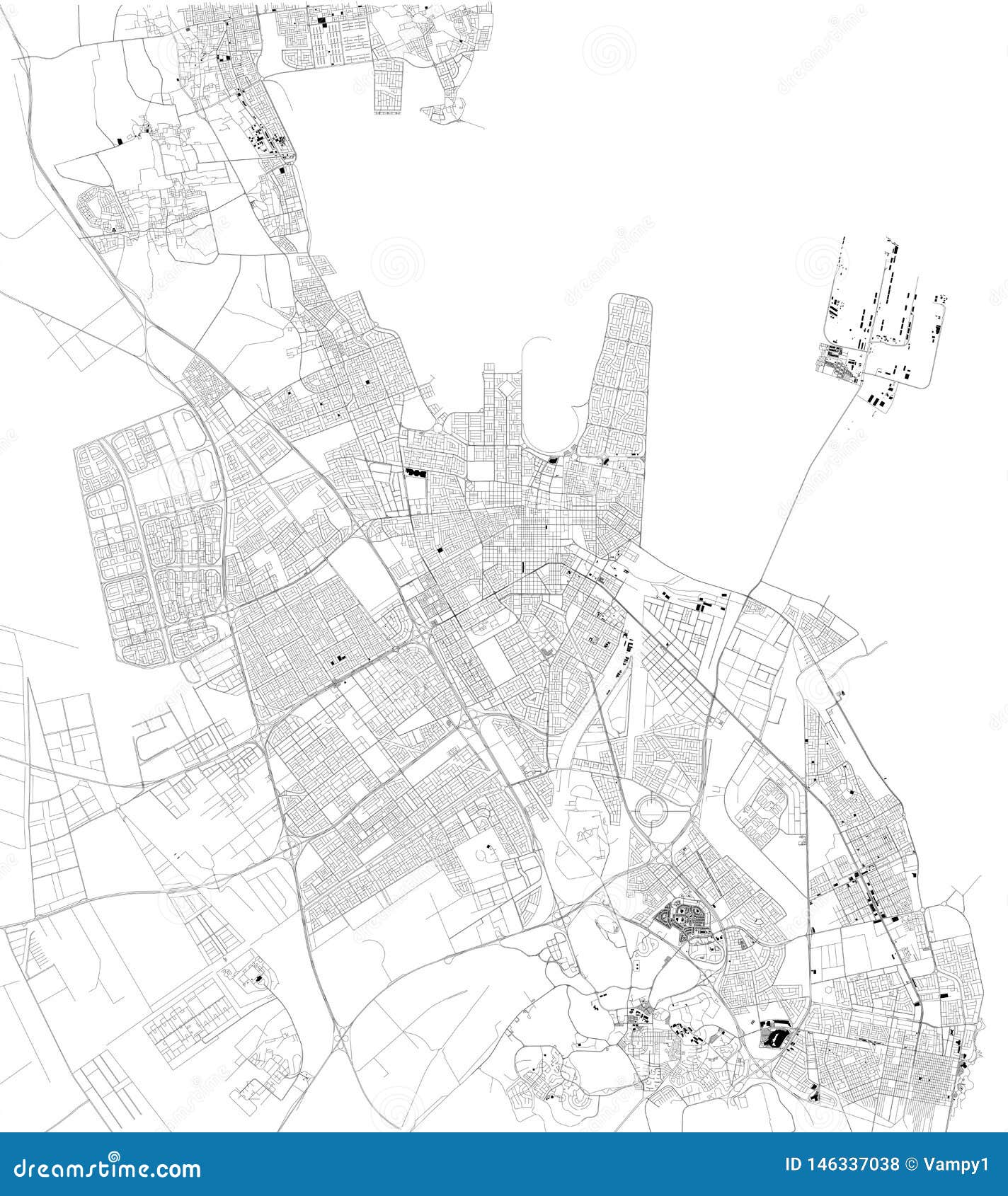 satellite map of dammam, saudi arabia. map of streets and buildings of the town center