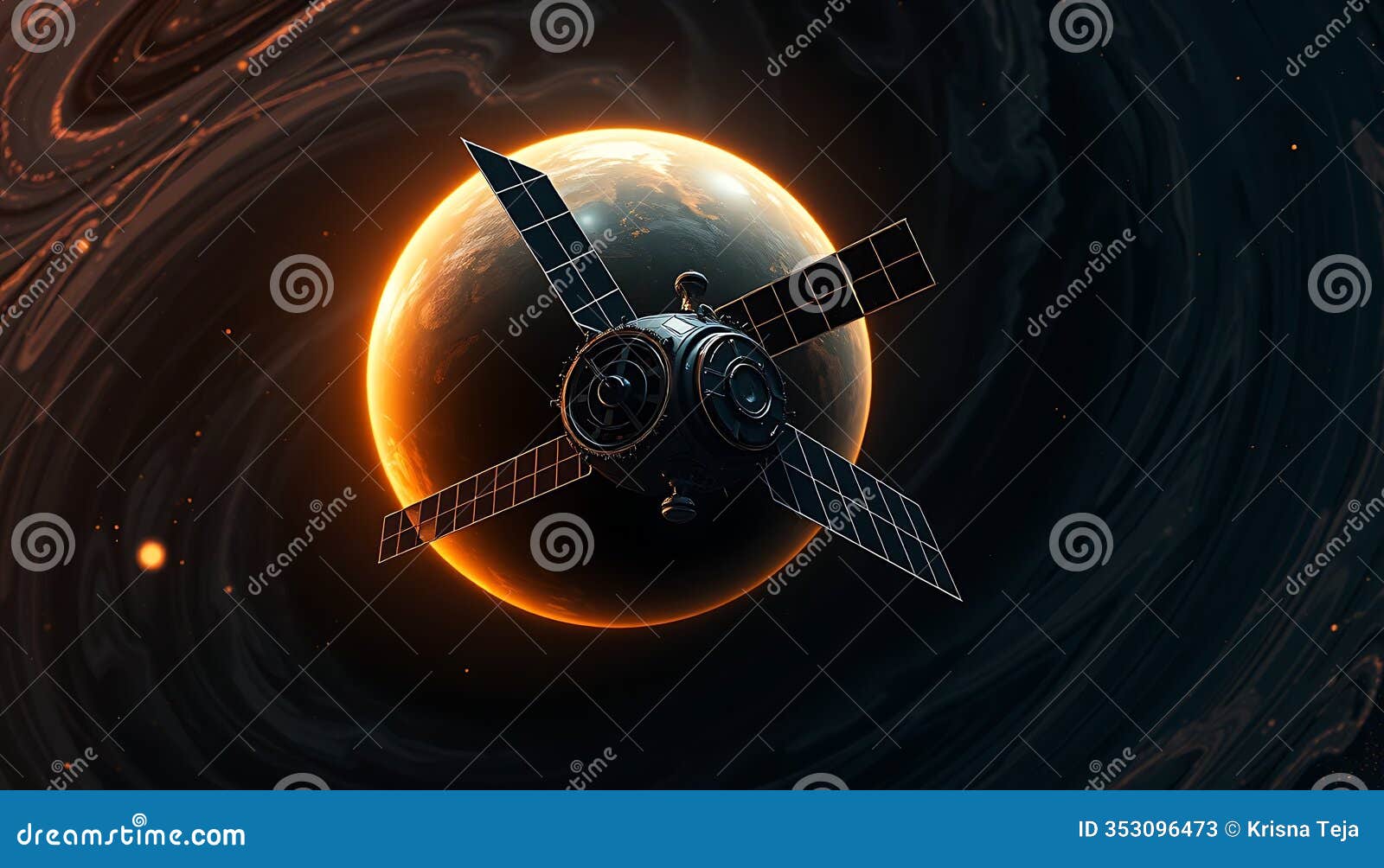 satellite orbiting glowing planet dark space background