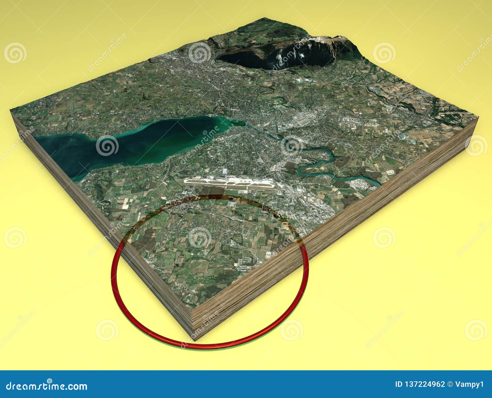satellite view and 3d section of the terrain, map of geneva and cern. tunnel and map of the nuclear research facility