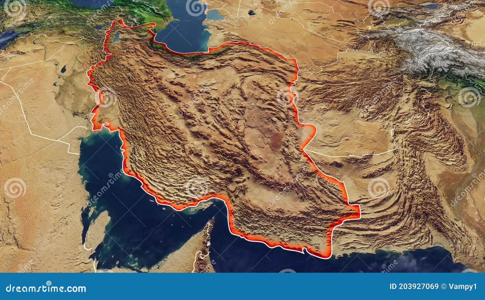 Satellite View of Iran Map and Borders, Physical Map Middle East Stock