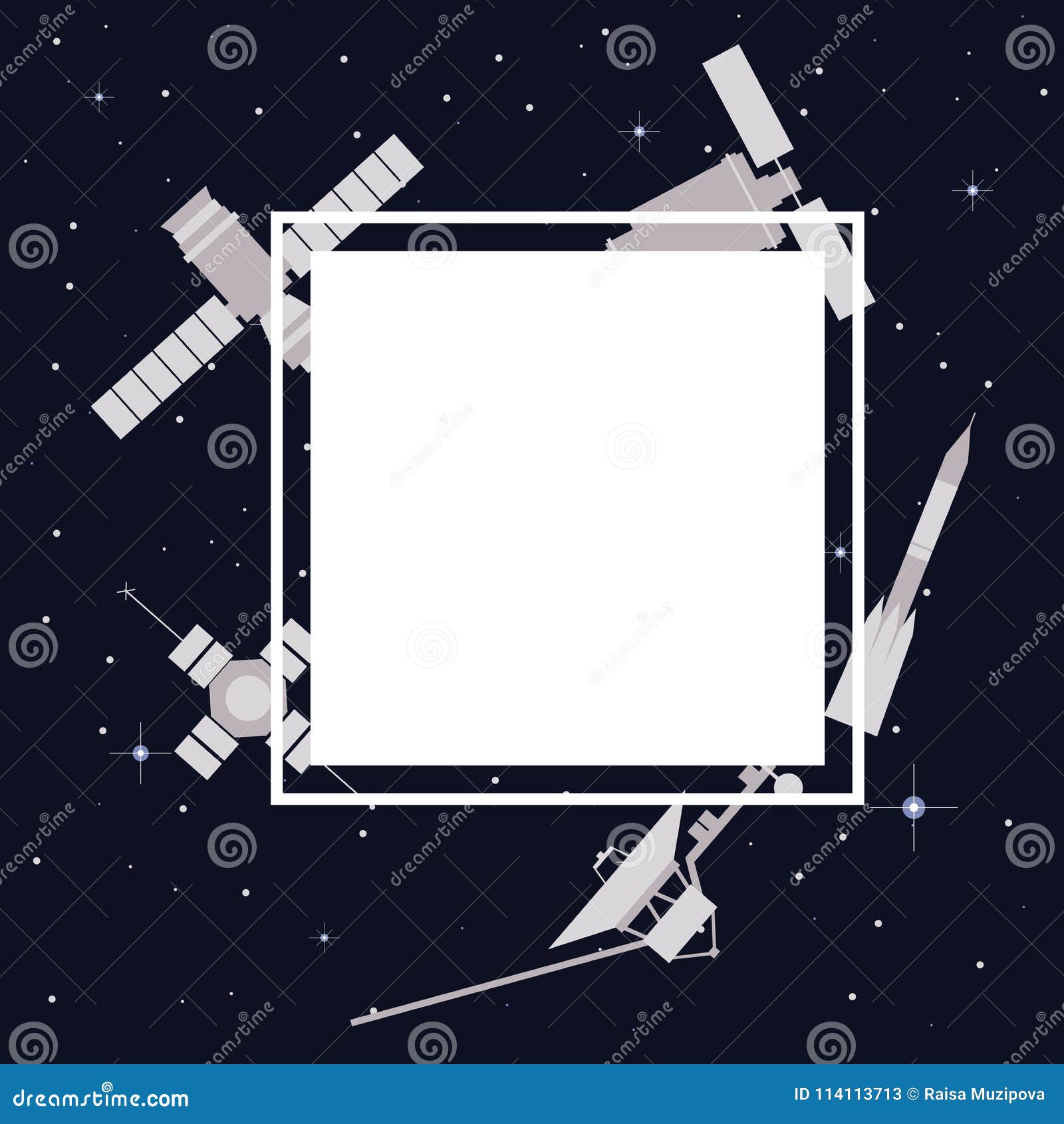 Satellites and Rockets in Space. Vector Frame. Stock Vector