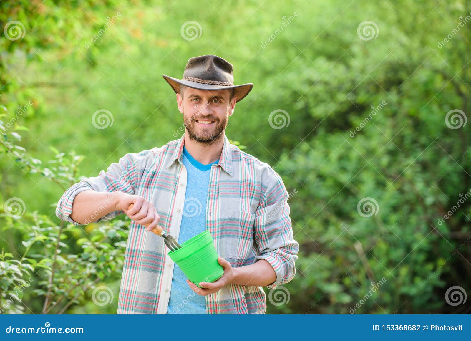 Satisfied Farmer Hold Garden Rake and Flower Pot. Muscular Ranch Man in ...