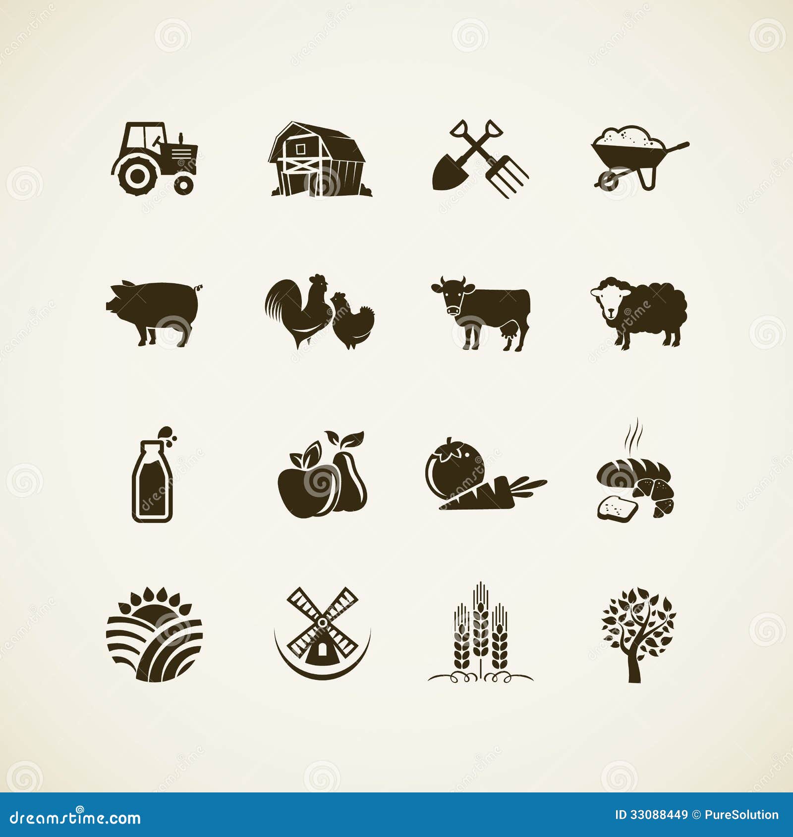Satz Bauernhofikonen vektor abbildung. Illustration von nahrung 33088449