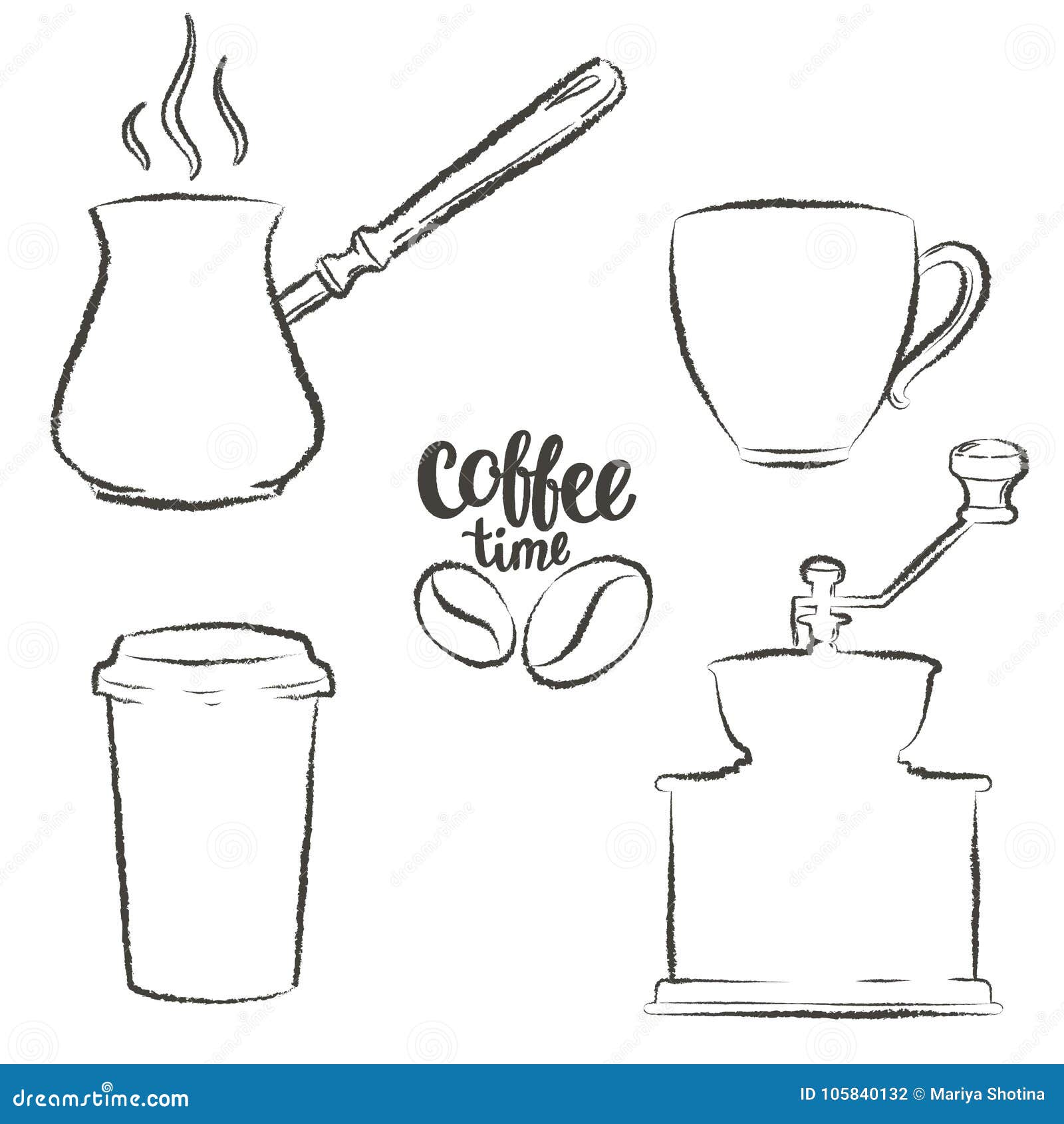 Satz der Kaffeetasse, Schleifer, Topf, Papierkaffeetasse-Schmutzkonturen Weinlesekaffeegegenstände