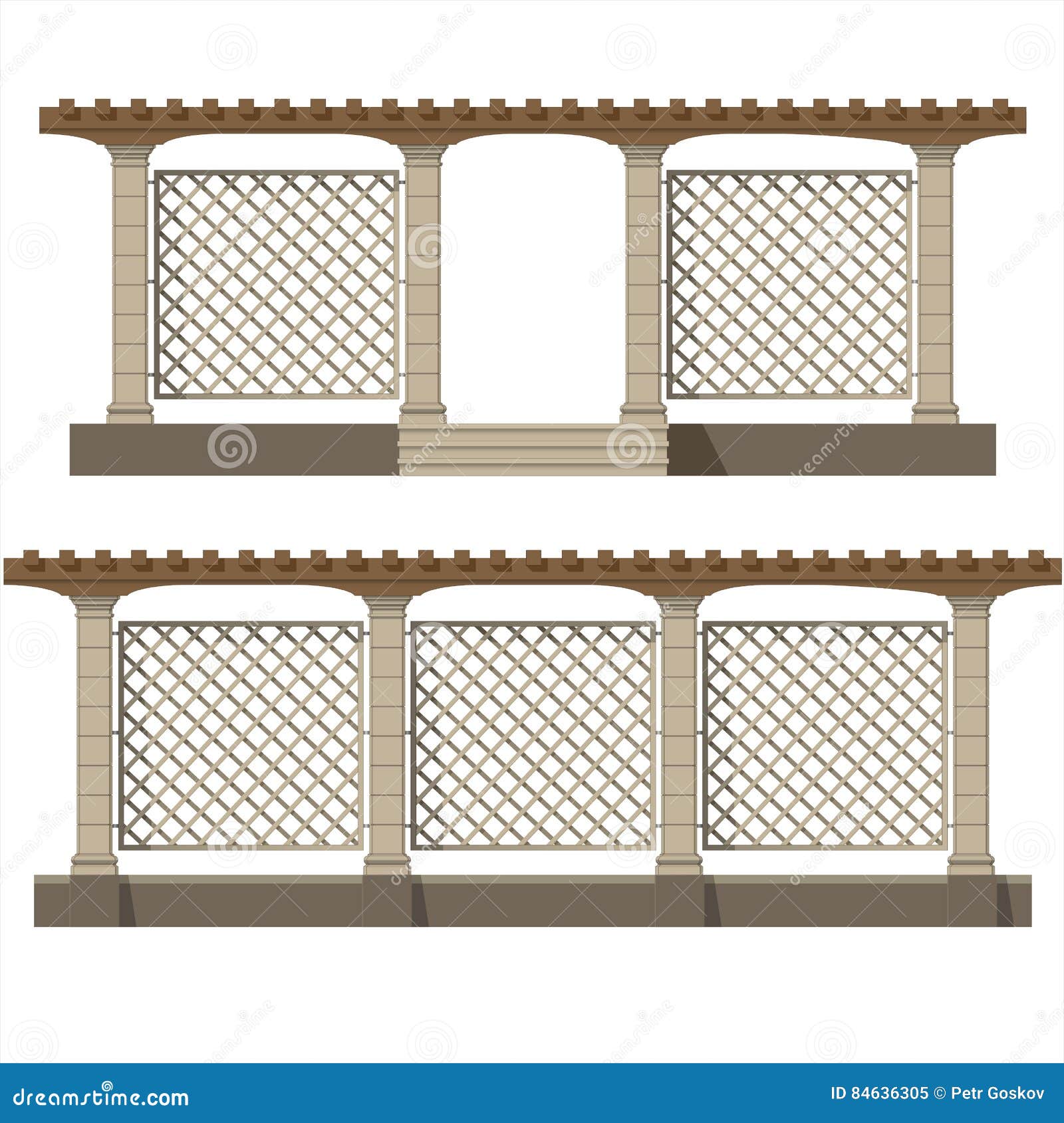 Satz der Vektorpergola. Satz der Vorderansicht der Vektorpergola, Gartenelemente