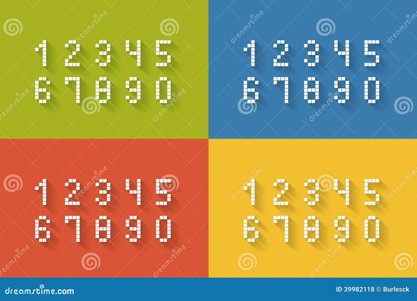 Satz flache Pixelzahlen. Satz des flachen Pixels nummeriert auf vier verschiedenen Farbhintergründen abschließen die Illustration mit null bis neun Vektoren