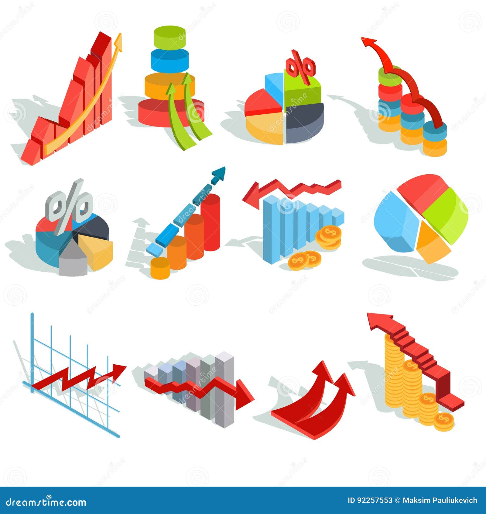 Satz Isometrische Infographic Grafiken Des Vektors Diagramme Histogramme Pfeile Von Verschiedenen Arten Vektor Abbildung Illustration Von Pfeil Getrennt