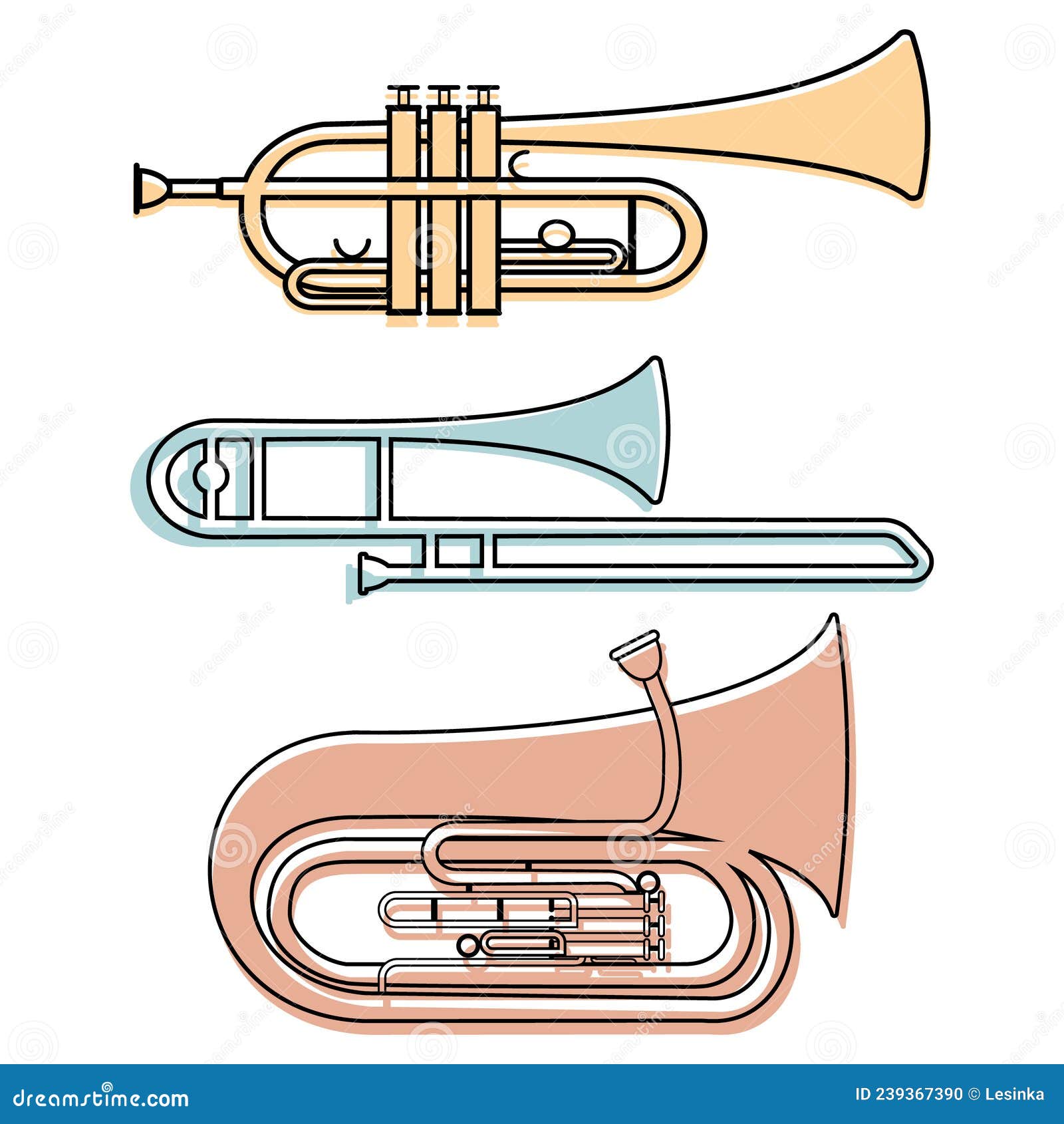 Satz Musikalischer Blasinstrumente Trompet Trombone Tuba Farbisolierte  Vektorgrafik Vektor Abbildung - Illustration von akustisch, hupe: 239367390