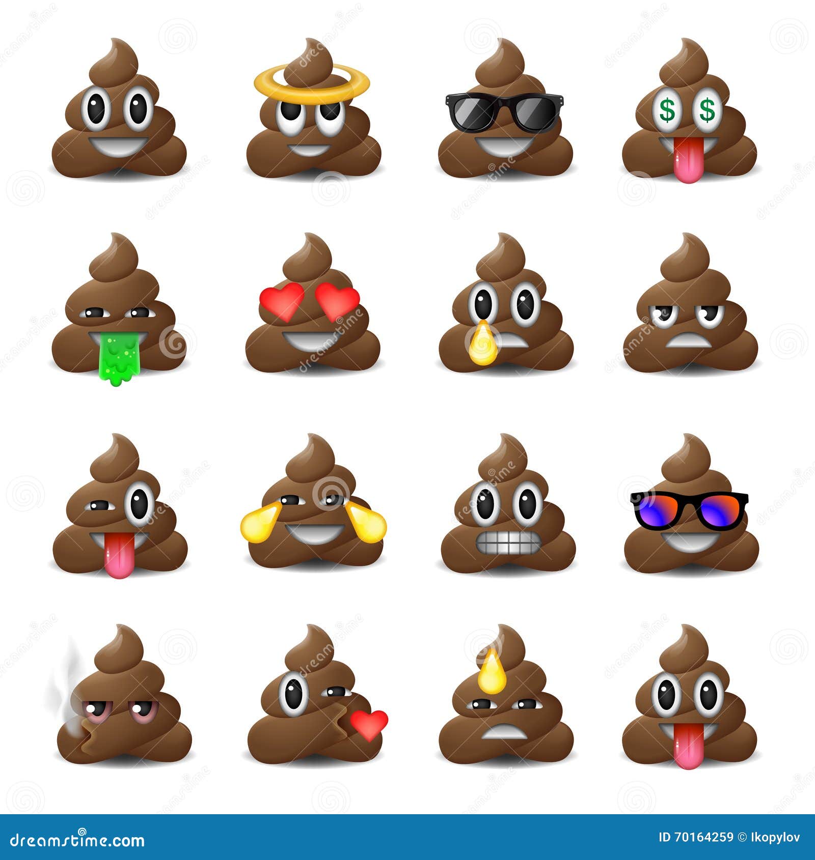 Satz Scheißeikonen, Lächelnde Gesichter, Emoji, Emoticons Vektor