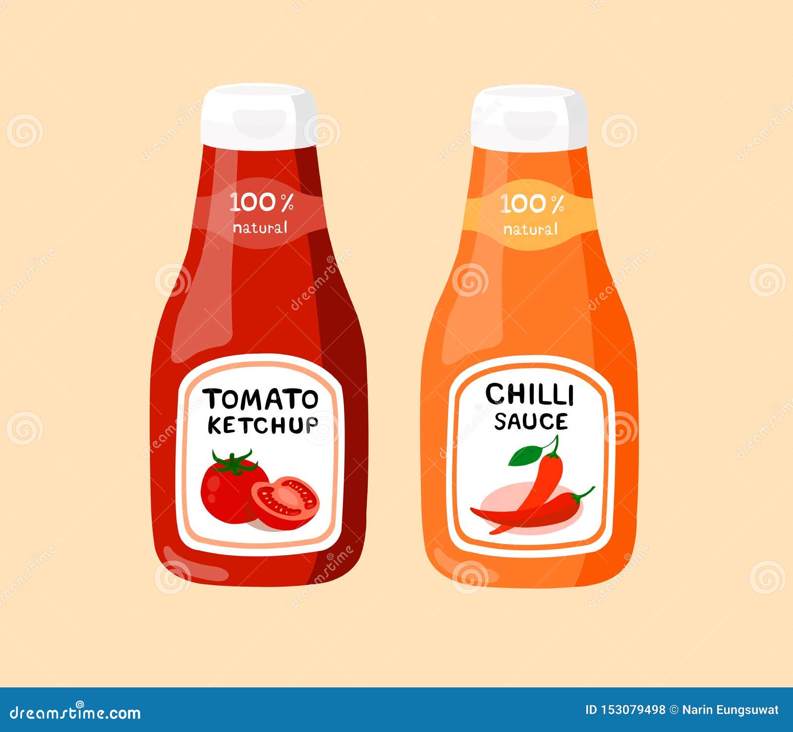 Tomato Ketchup and Chilli Sauce Isolated on Cream Background. Tomato