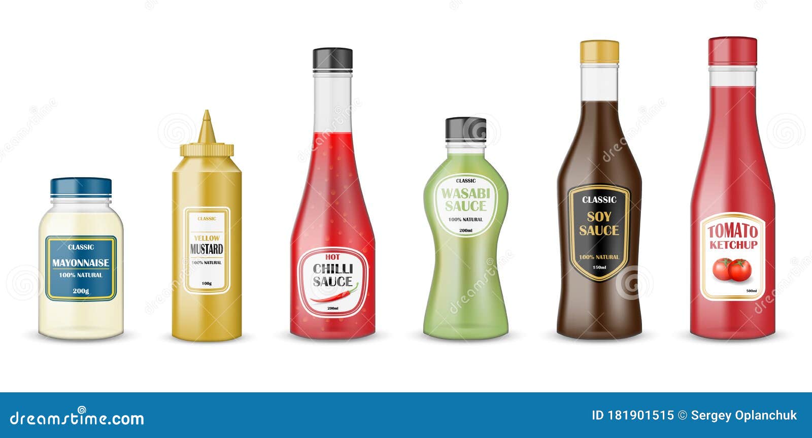 Sauce Bottles Set. Realistic Glass Bottle Containers with Ketchup