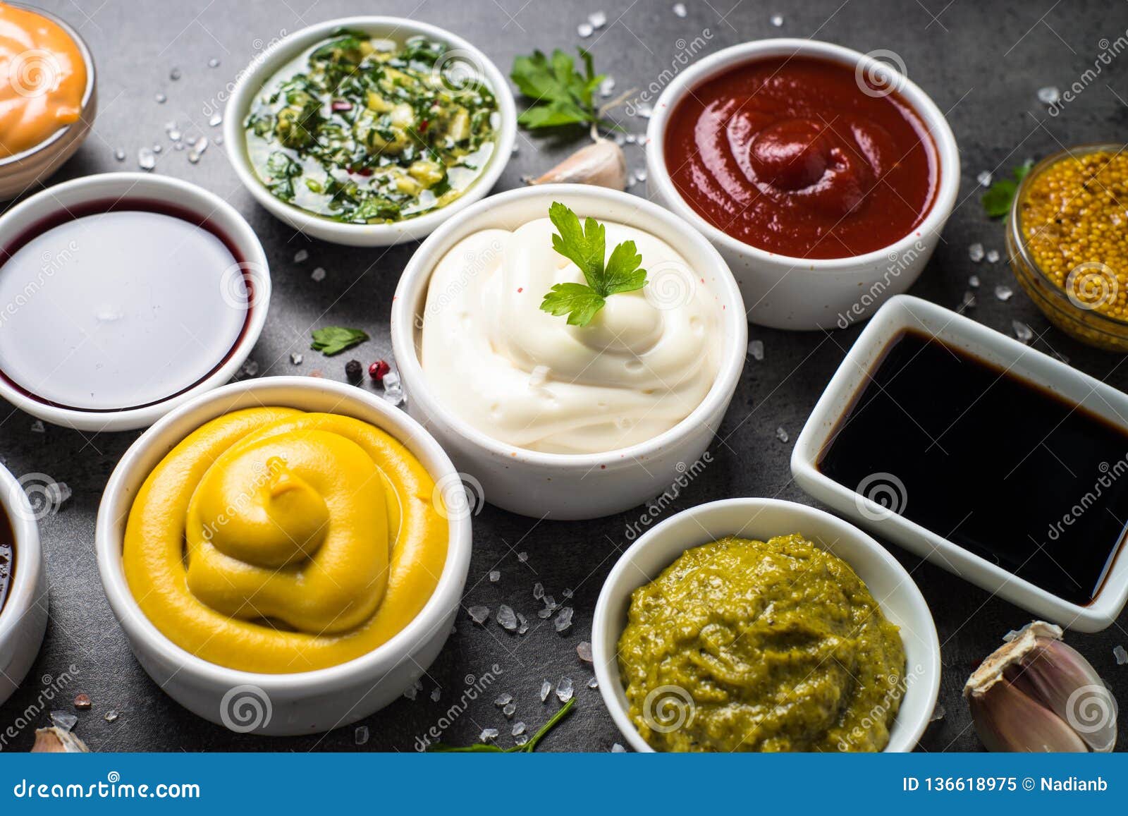 Sauce Set Assortment - Mayonnaise, Mustard, Ketchup and Others T Stock ...