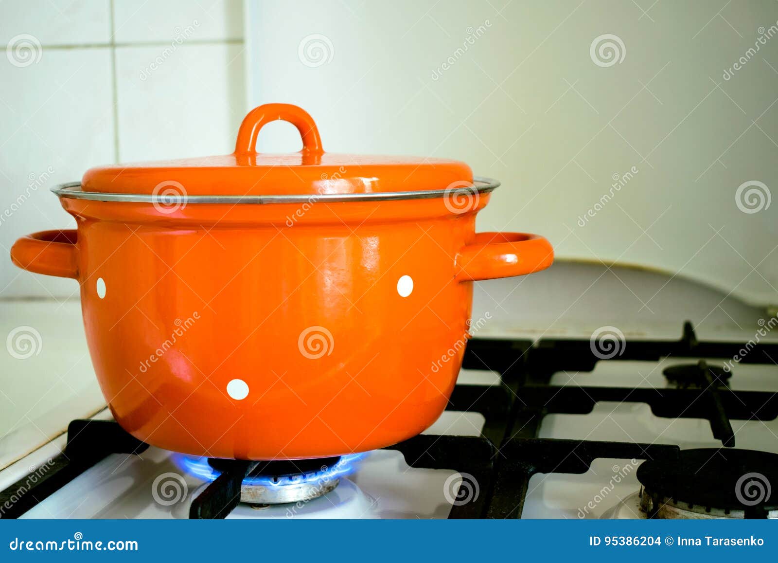 Saucepan on a gas stove. stock photo. Image of gourmet 95386204