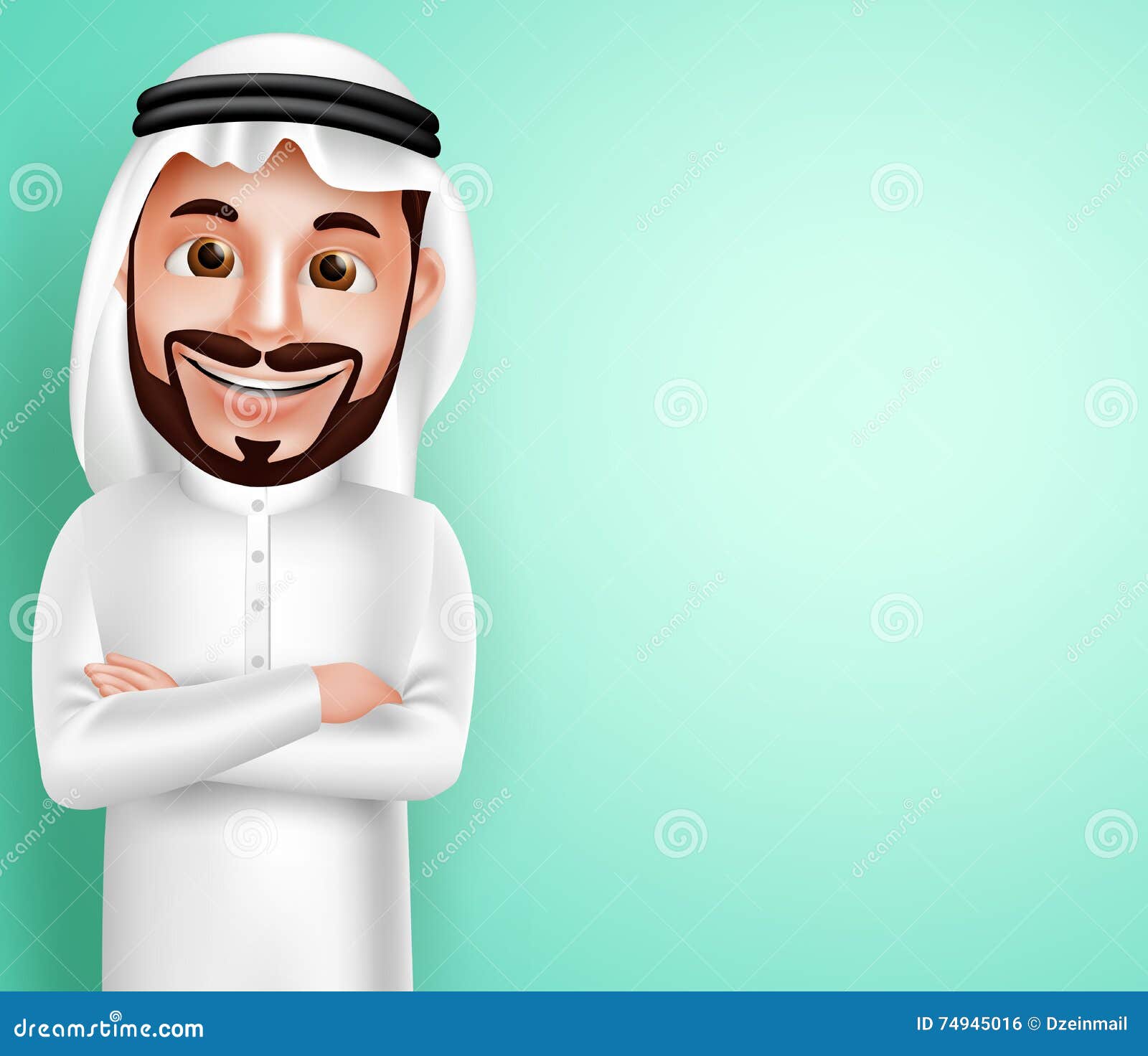 saudi arab man  character wearing thobe happy posing with blank space