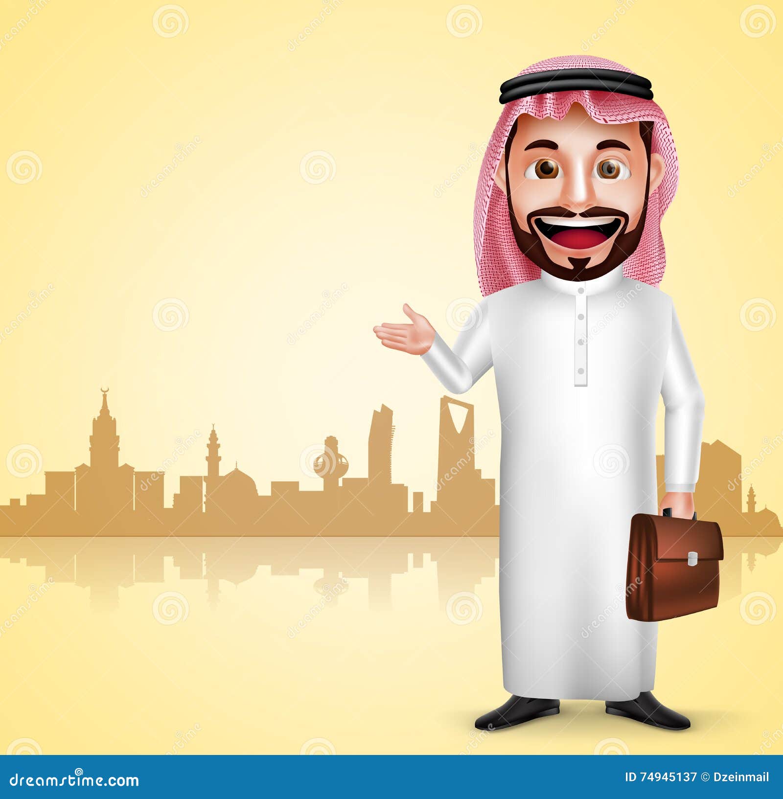 saudi arab man  character wearing thobe showing city landmark