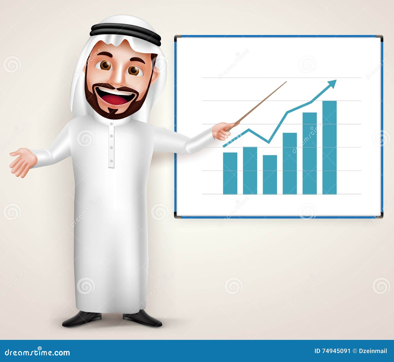 saudi arab man  character wearing thobe teaching chart graph